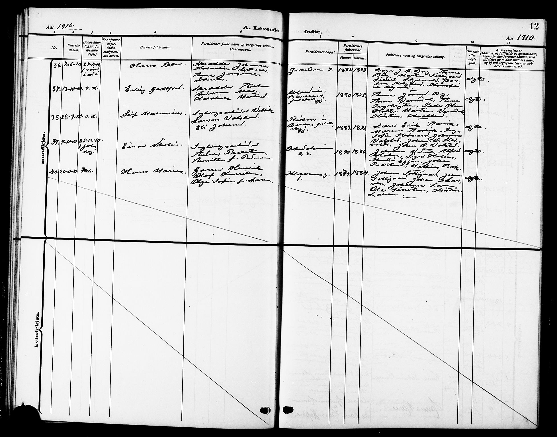 Ministerialprotokoller, klokkerbøker og fødselsregistre - Sør-Trøndelag, SAT/A-1456/669/L0831: Parish register (copy) no. 669C01, 1909-1924, p. 12
