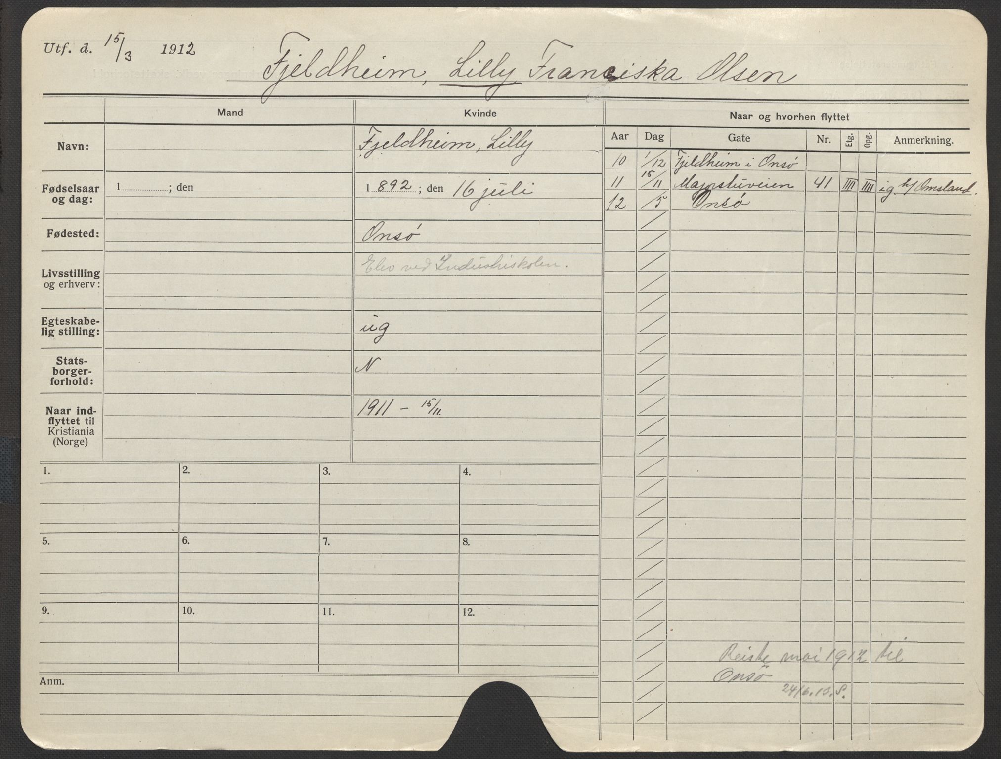 Oslo folkeregister, Registerkort, AV/SAO-A-11715/F/Fa/Fac/L0014: Kvinner, 1906-1914, p. 798a