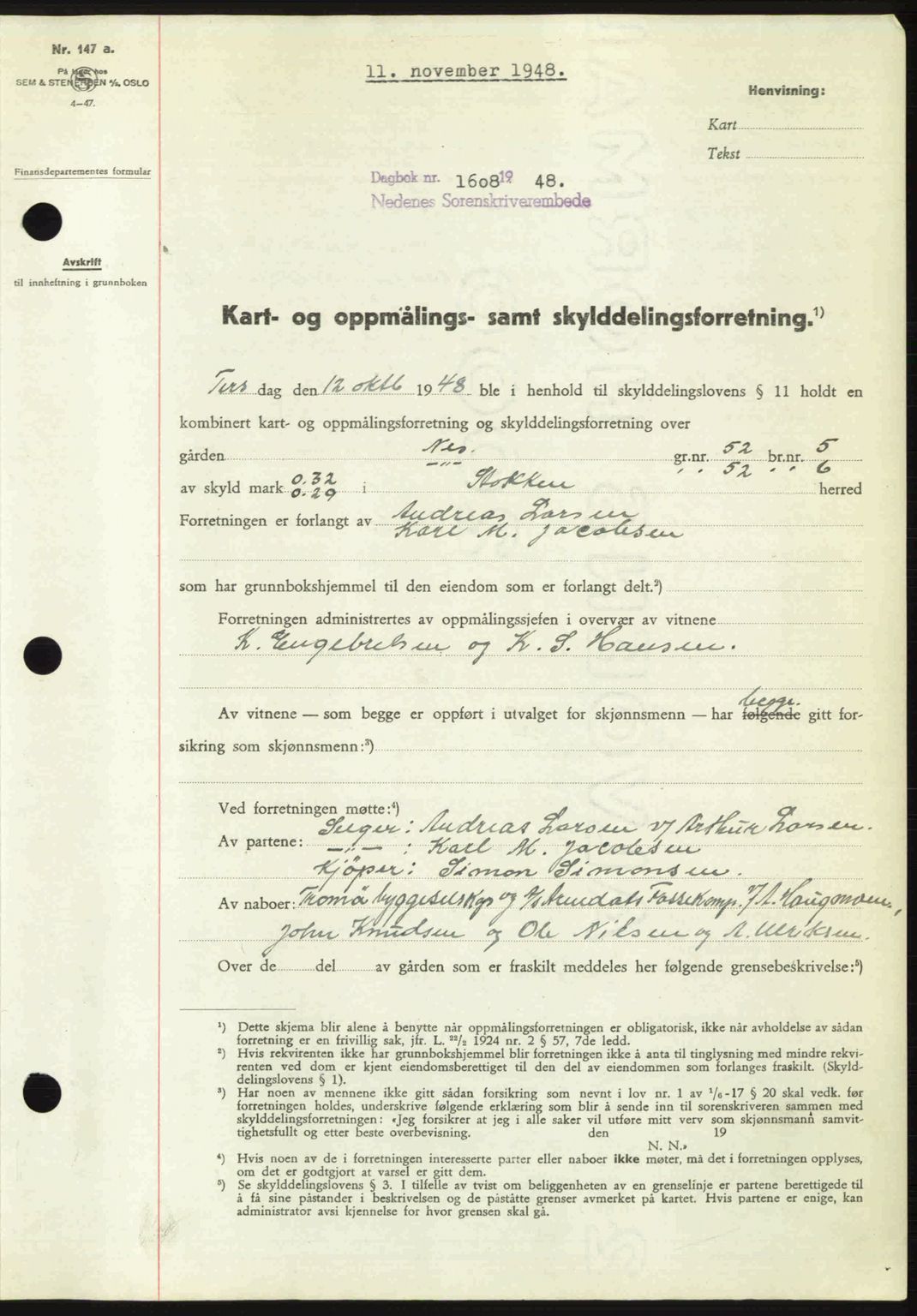 Nedenes sorenskriveri, AV/SAK-1221-0006/G/Gb/Gba/L0059: Mortgage book no. A11, 1948-1948, Diary no: : 1608/1948