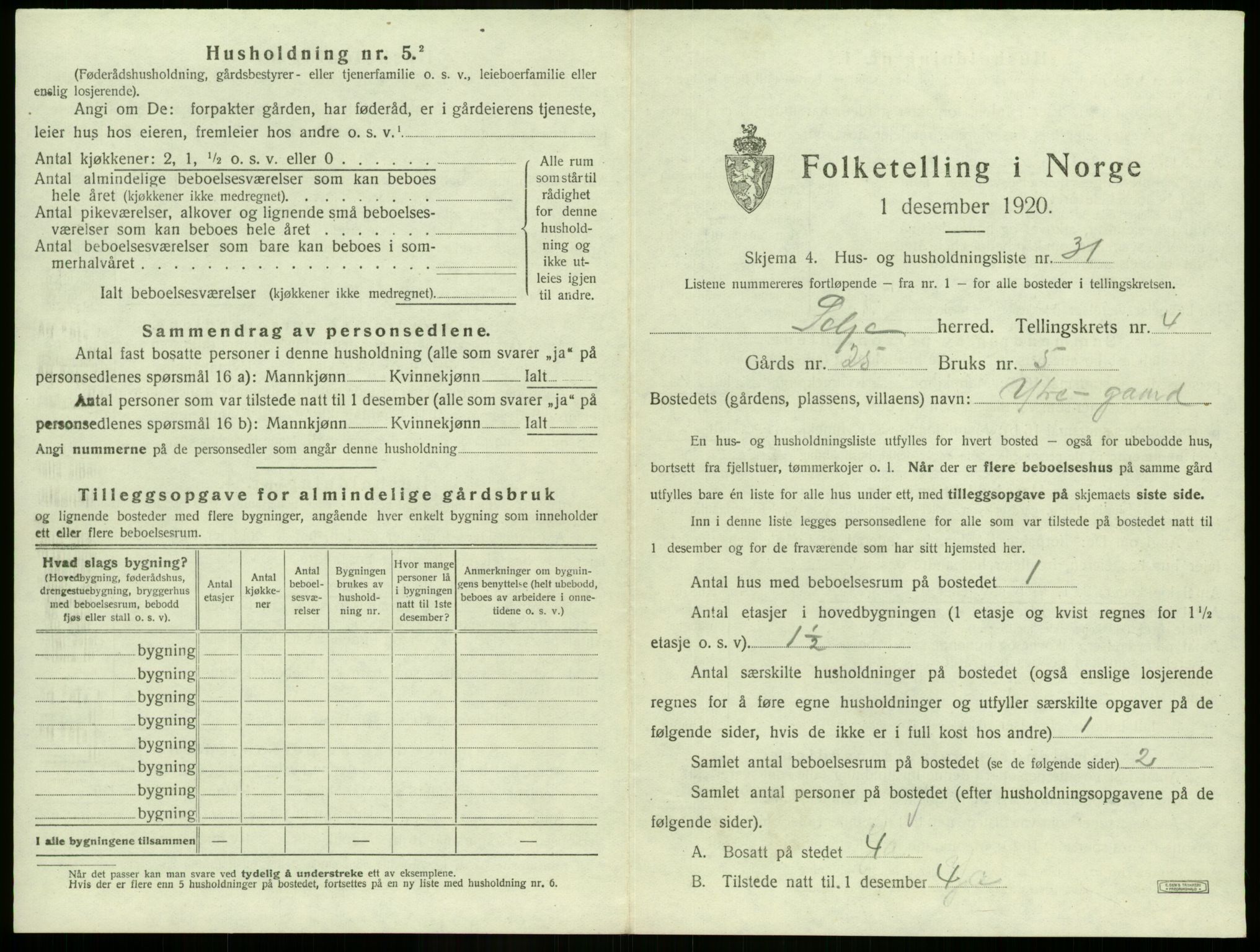 SAB, 1920 census for Selje, 1920, p. 348