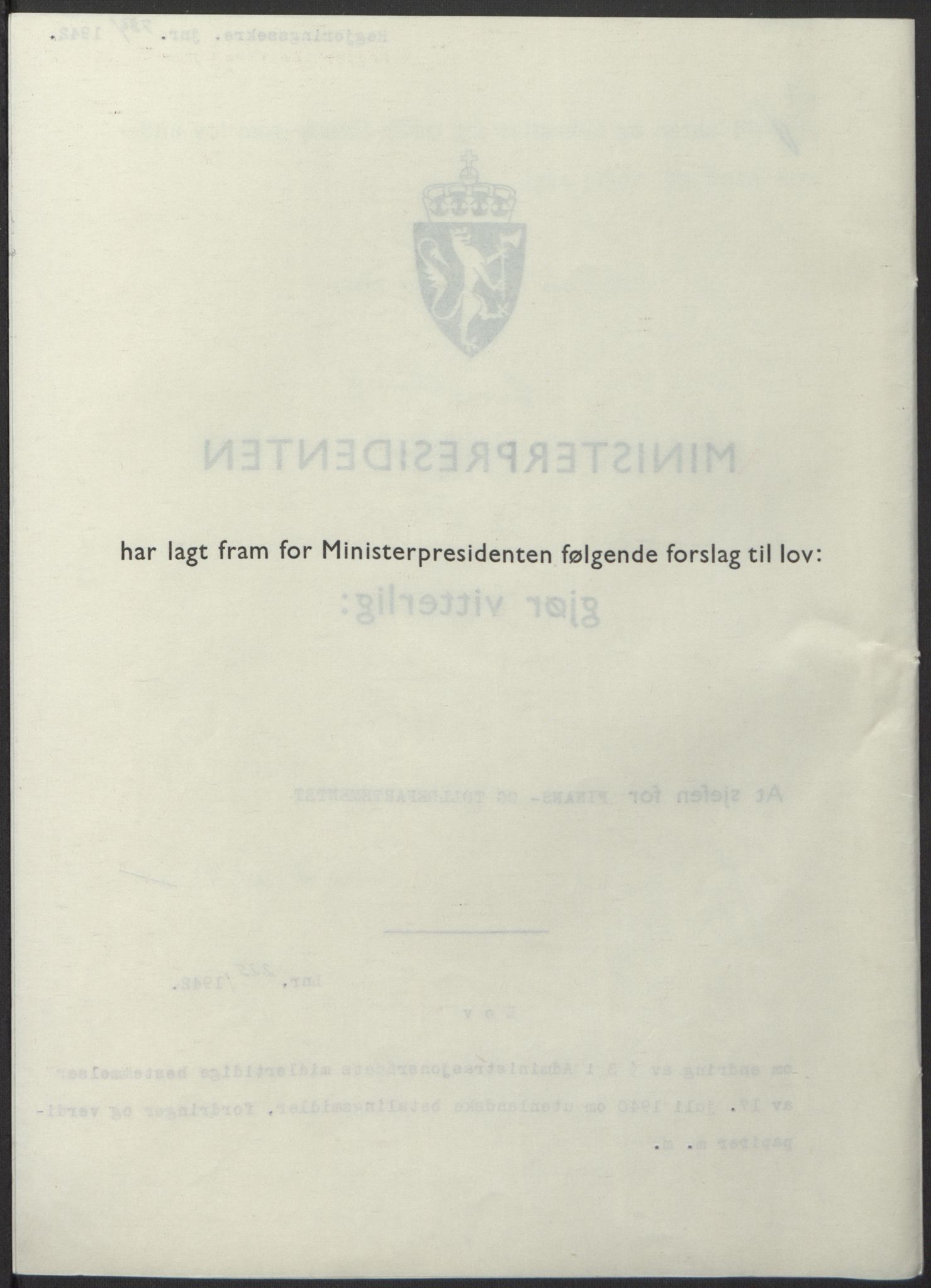NS-administrasjonen 1940-1945 (Statsrådsekretariatet, de kommisariske statsråder mm), RA/S-4279/D/Db/L0098: Lover II, 1942, p. 543