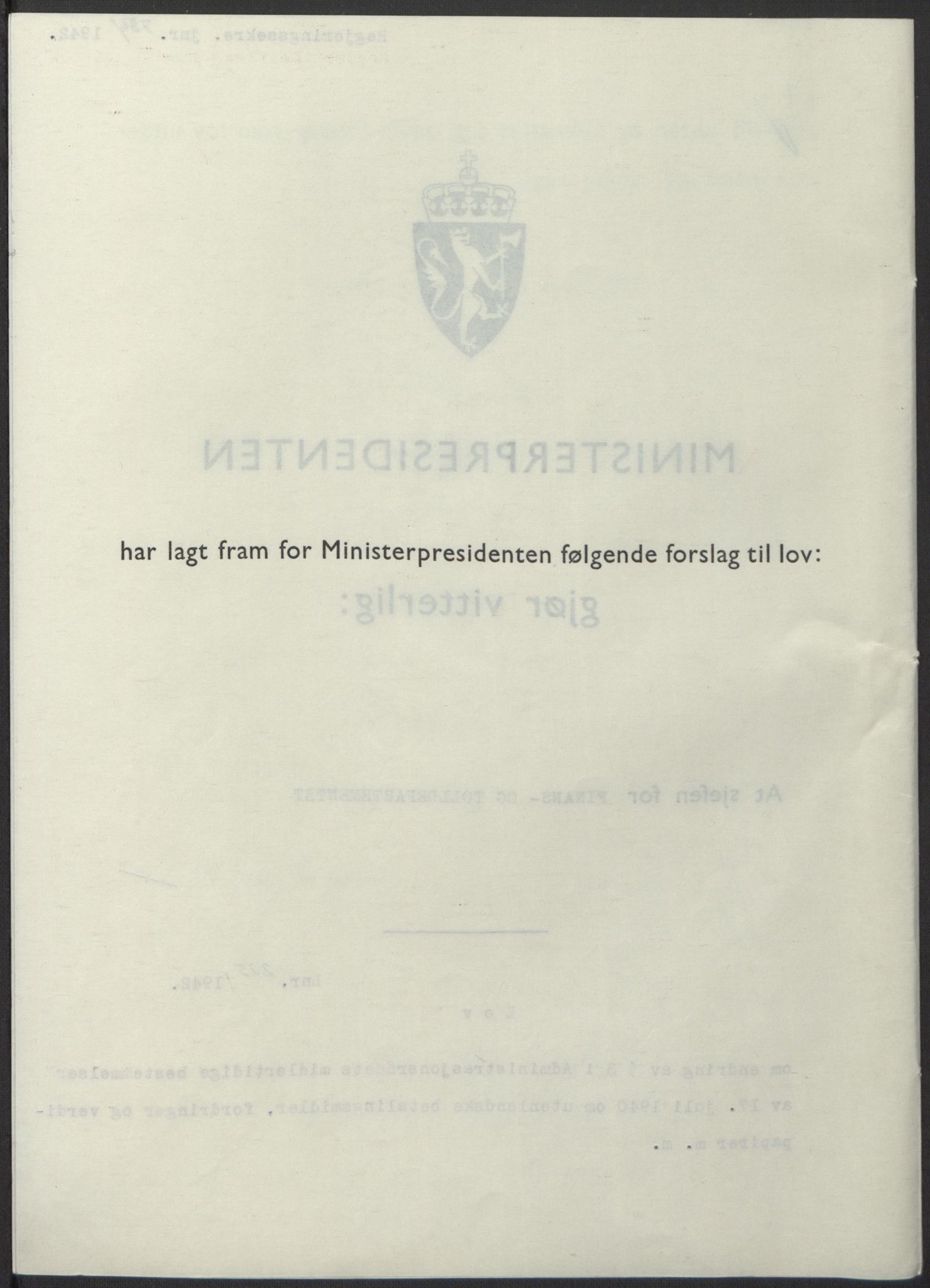 NS-administrasjonen 1940-1945 (Statsrådsekretariatet, de kommisariske statsråder mm), AV/RA-S-4279/D/Db/L0098: Lover II, 1942, p. 543