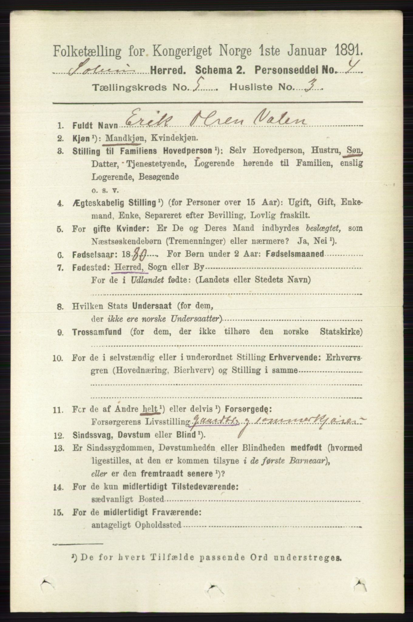 RA, 1891 census for 0818 Solum, 1891, p. 850