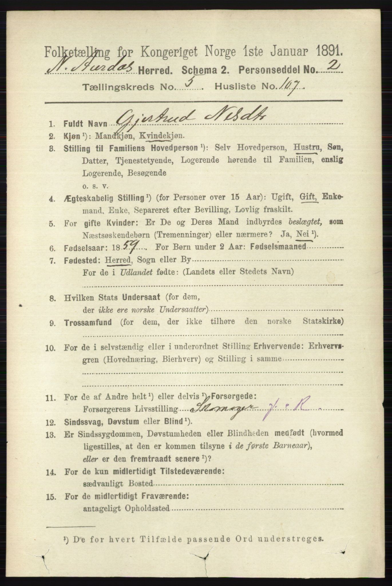 RA, 1891 census for 0542 Nord-Aurdal, 1891, p. 2038