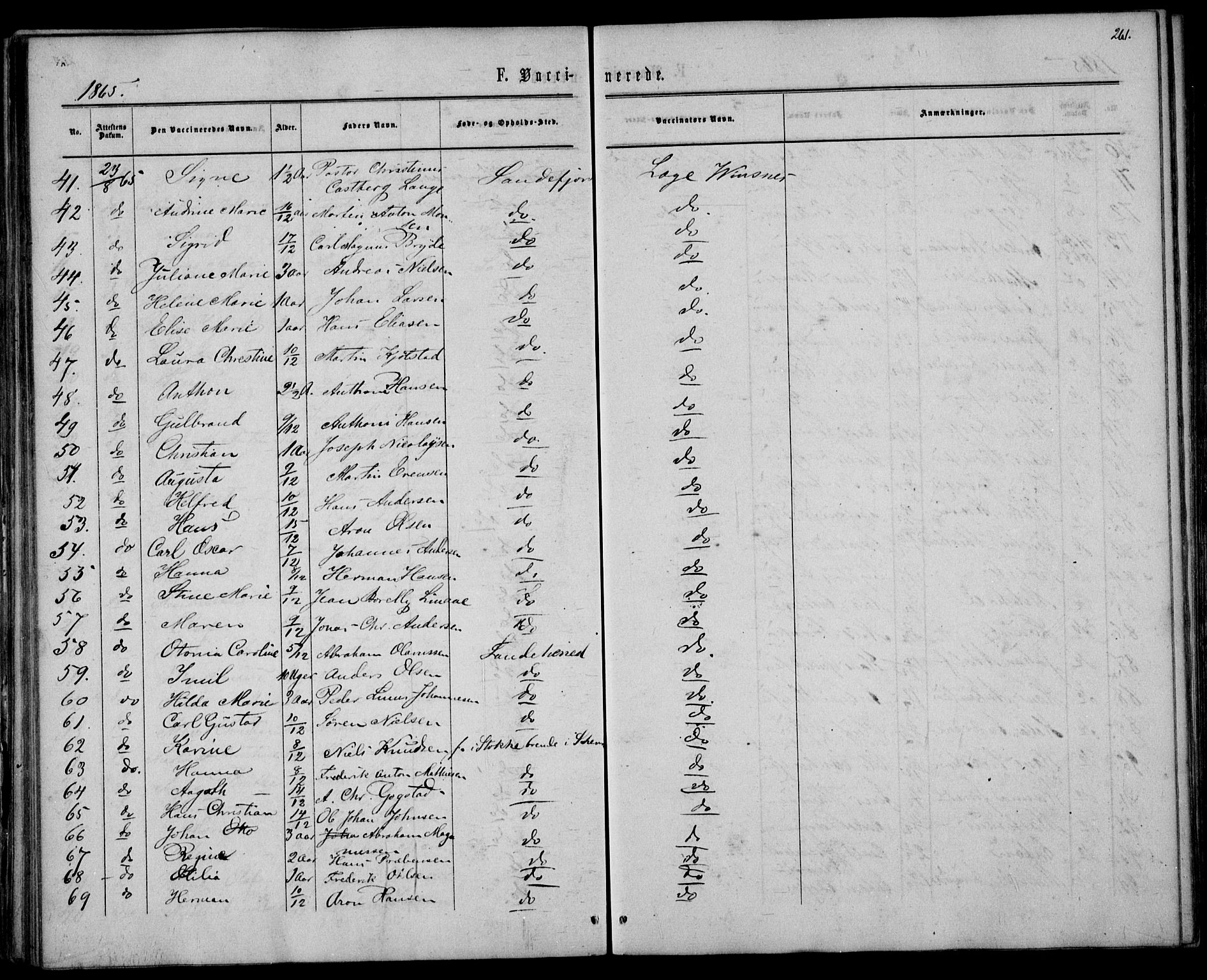 Sandar kirkebøker, AV/SAKO-A-243/F/Fa/L0009: Parish register (official) no. 9, 1862-1871, p. 261