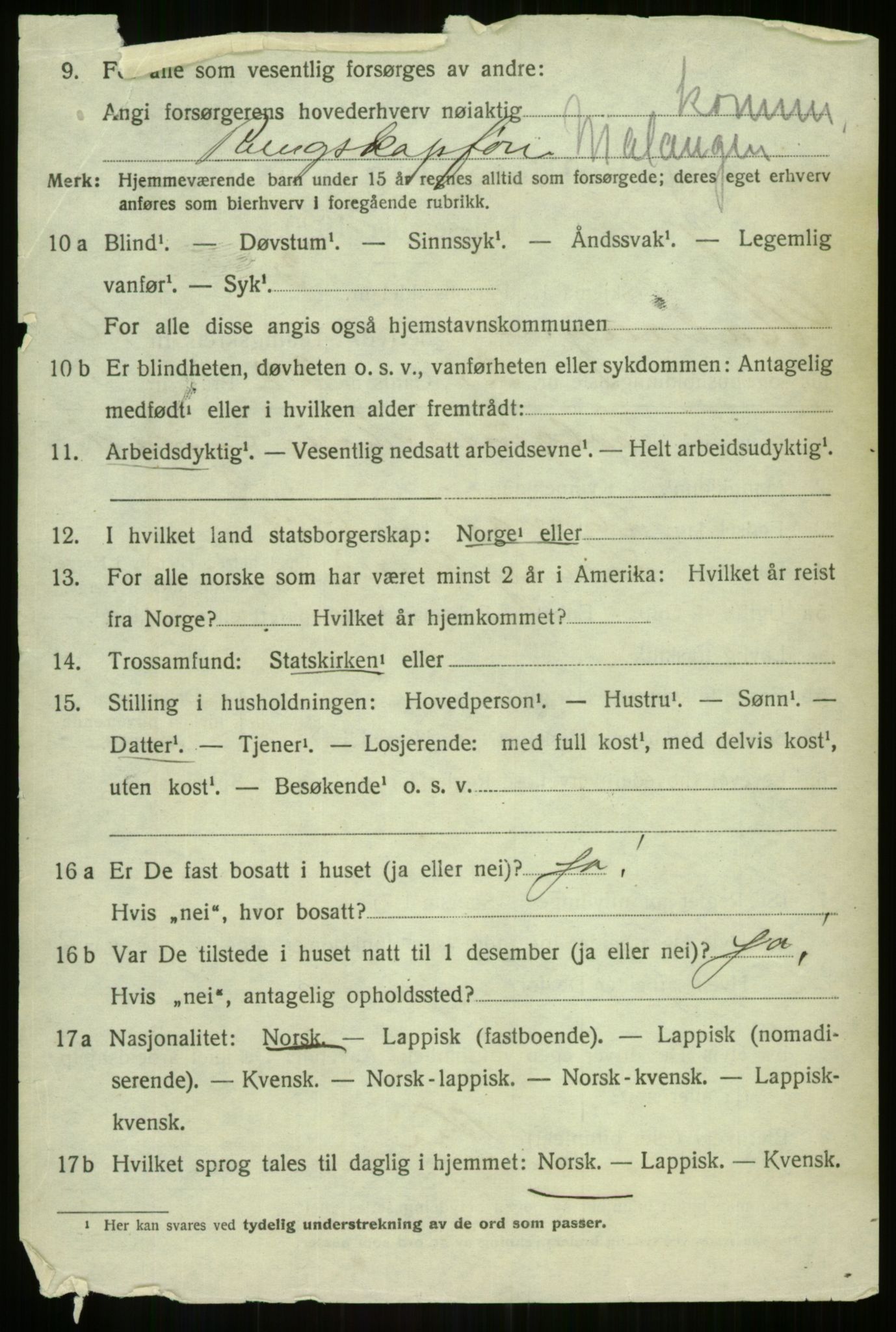 SATØ, 1920 census for Malangen, 1920, p. 4126