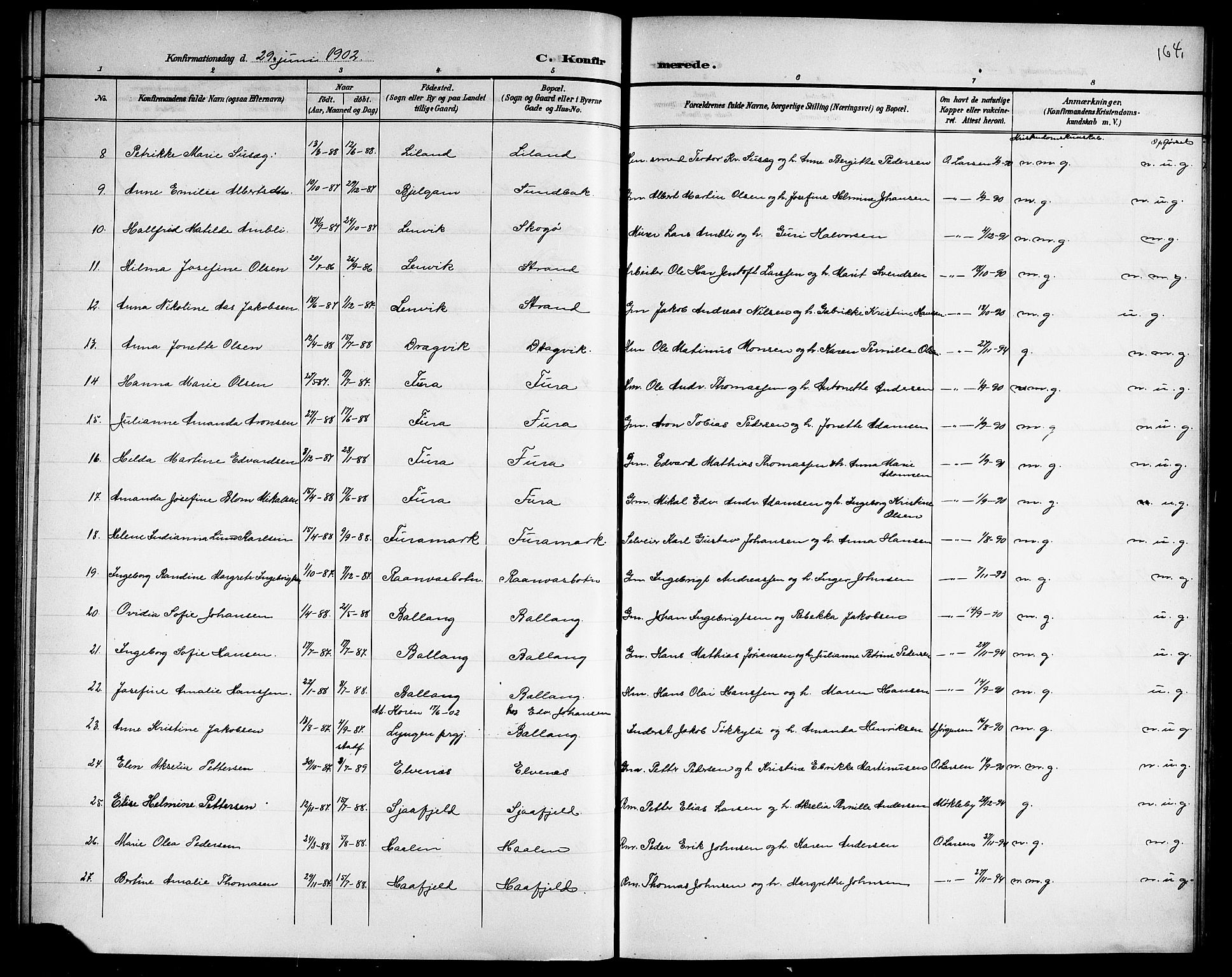 Ministerialprotokoller, klokkerbøker og fødselsregistre - Nordland, AV/SAT-A-1459/863/L0915: Parish register (copy) no. 863C05, 1898-1907, p. 164