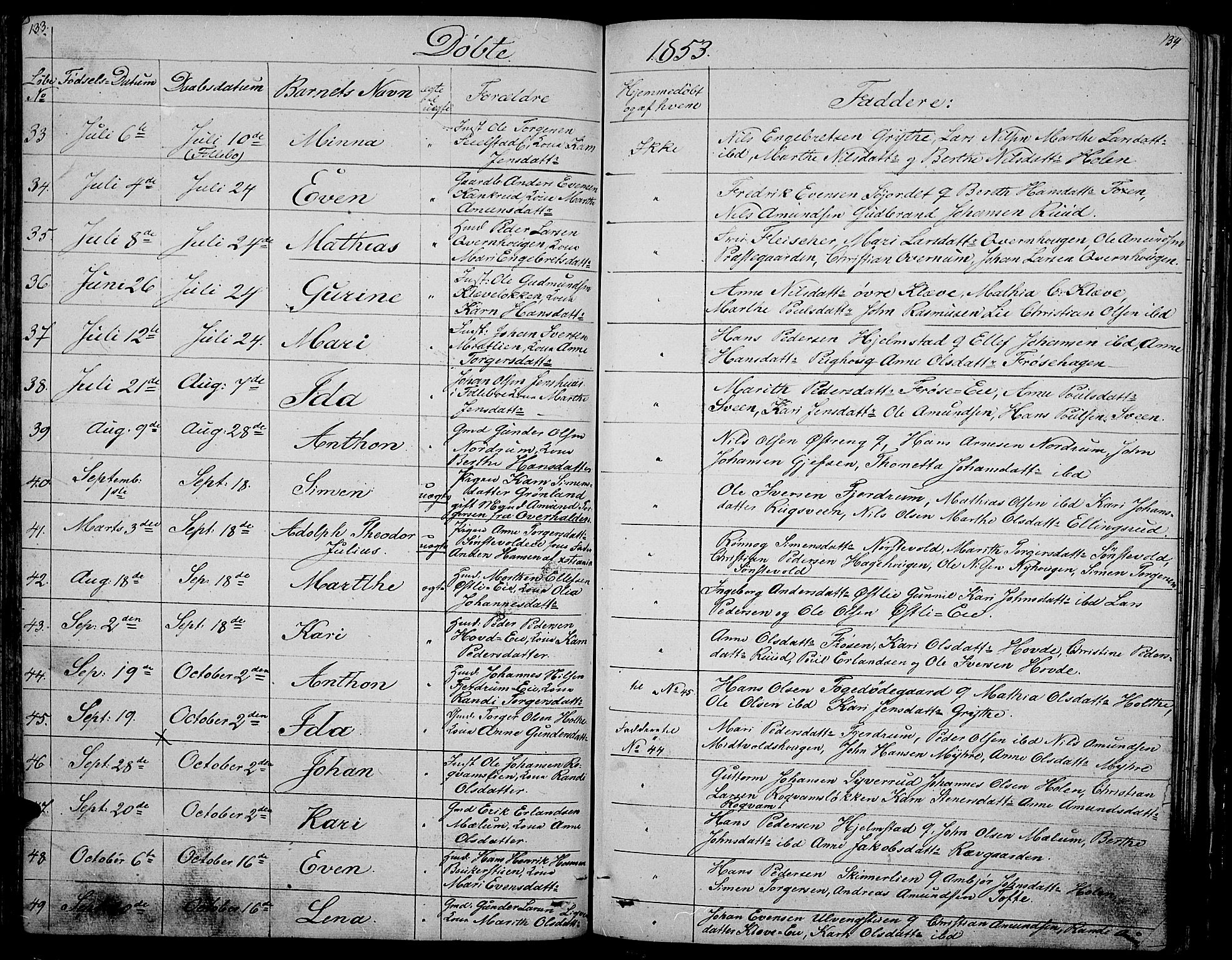 Gausdal prestekontor, AV/SAH-PREST-090/H/Ha/Hab/L0003: Parish register (copy) no. 3, 1829-1864, p. 133-134