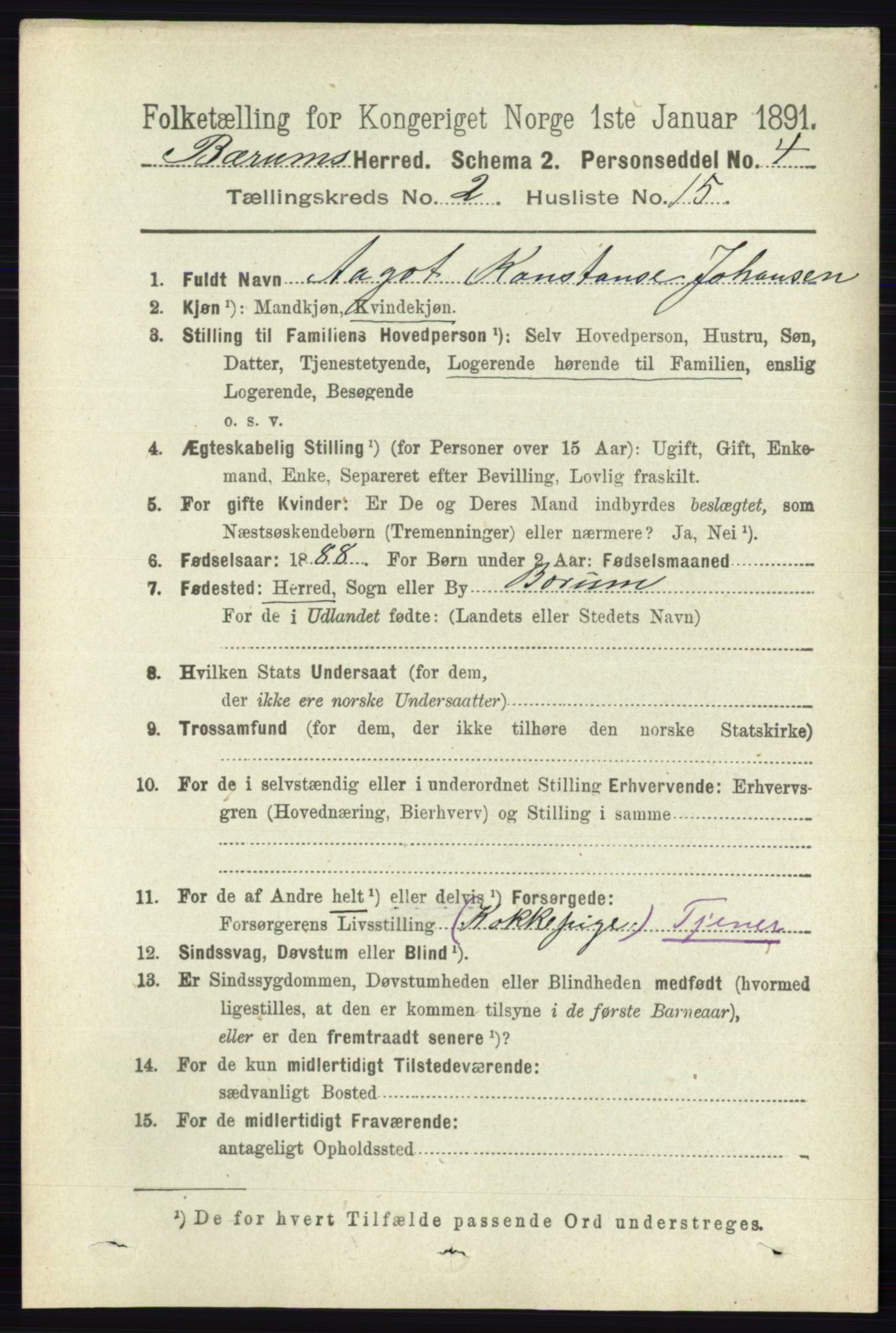 RA, 1891 census for 0219 Bærum, 1891, p. 1207