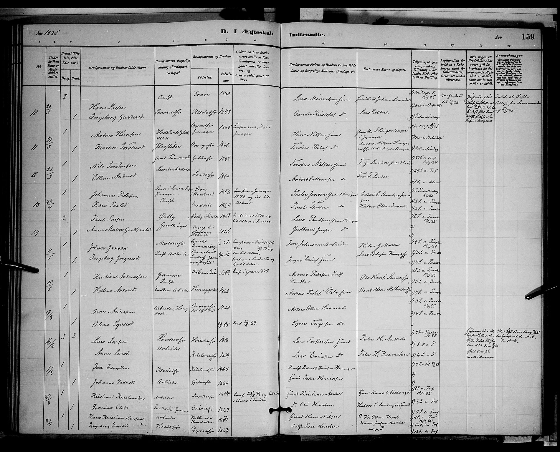 Gran prestekontor, SAH/PREST-112/H/Ha/Hab/L0002: Parish register (copy) no. 2, 1879-1892, p. 159