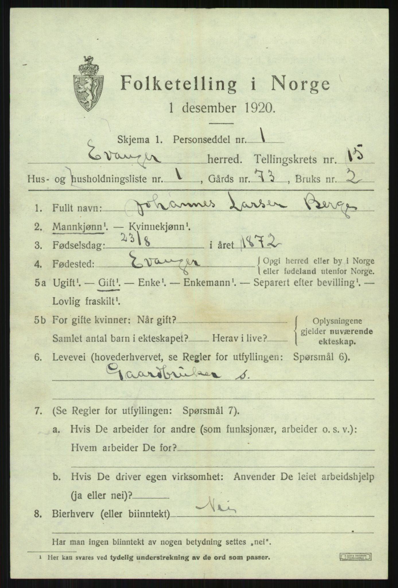 SAB, 1920 census for Evanger, 1920, p. 4085
