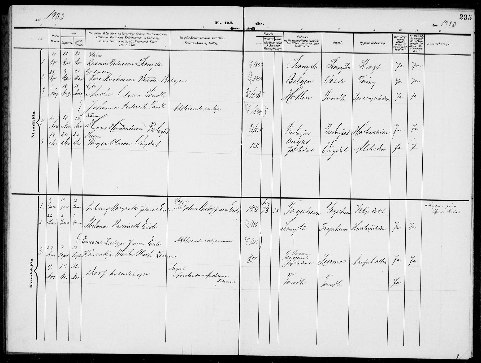 Jostedal sokneprestembete, AV/SAB-A-80601/H/Hab/Habc/L0001: Parish register (copy) no. C 1, 1903-1939, p. 235