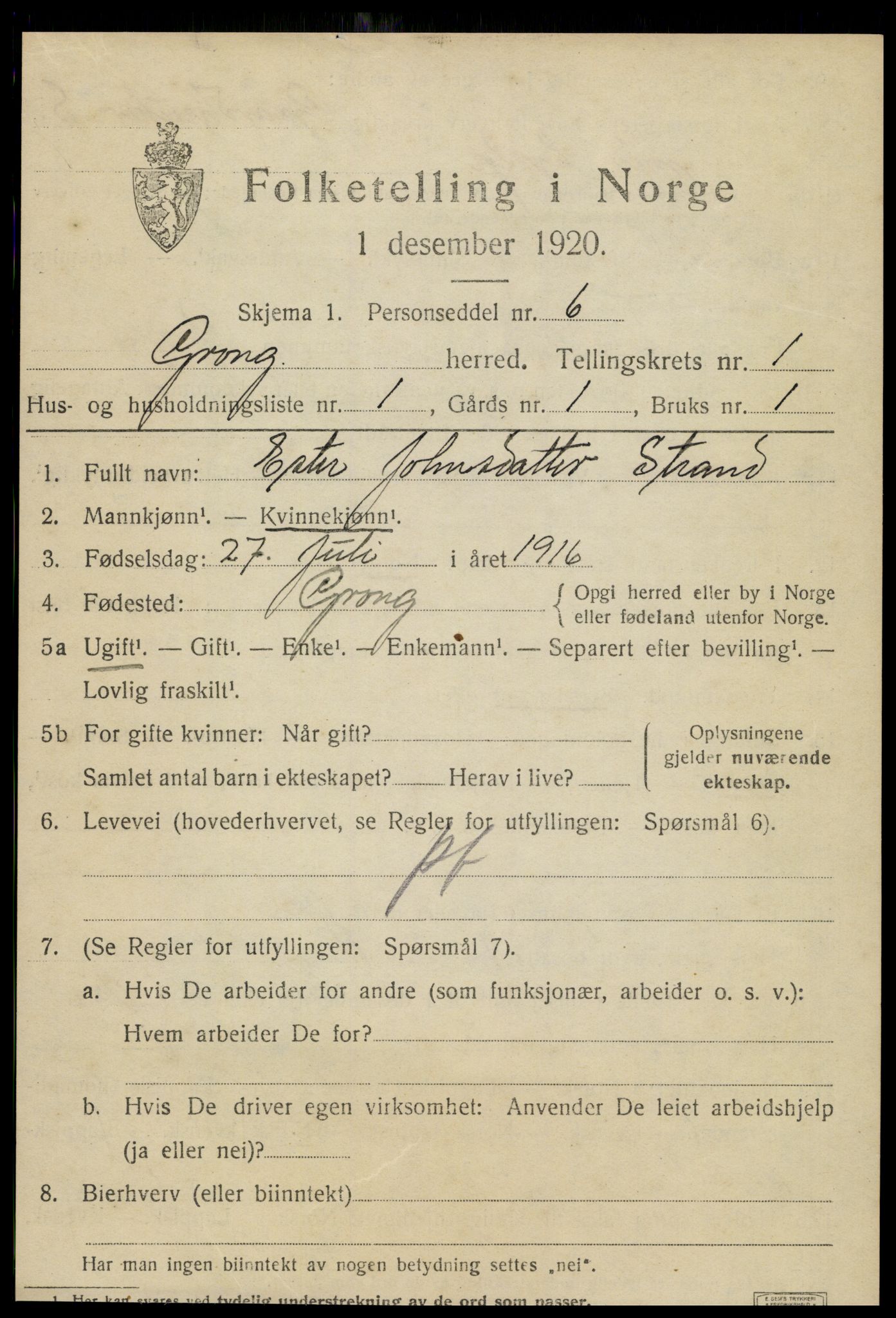 SAT, 1920 census for Grong, 1920, p. 1041