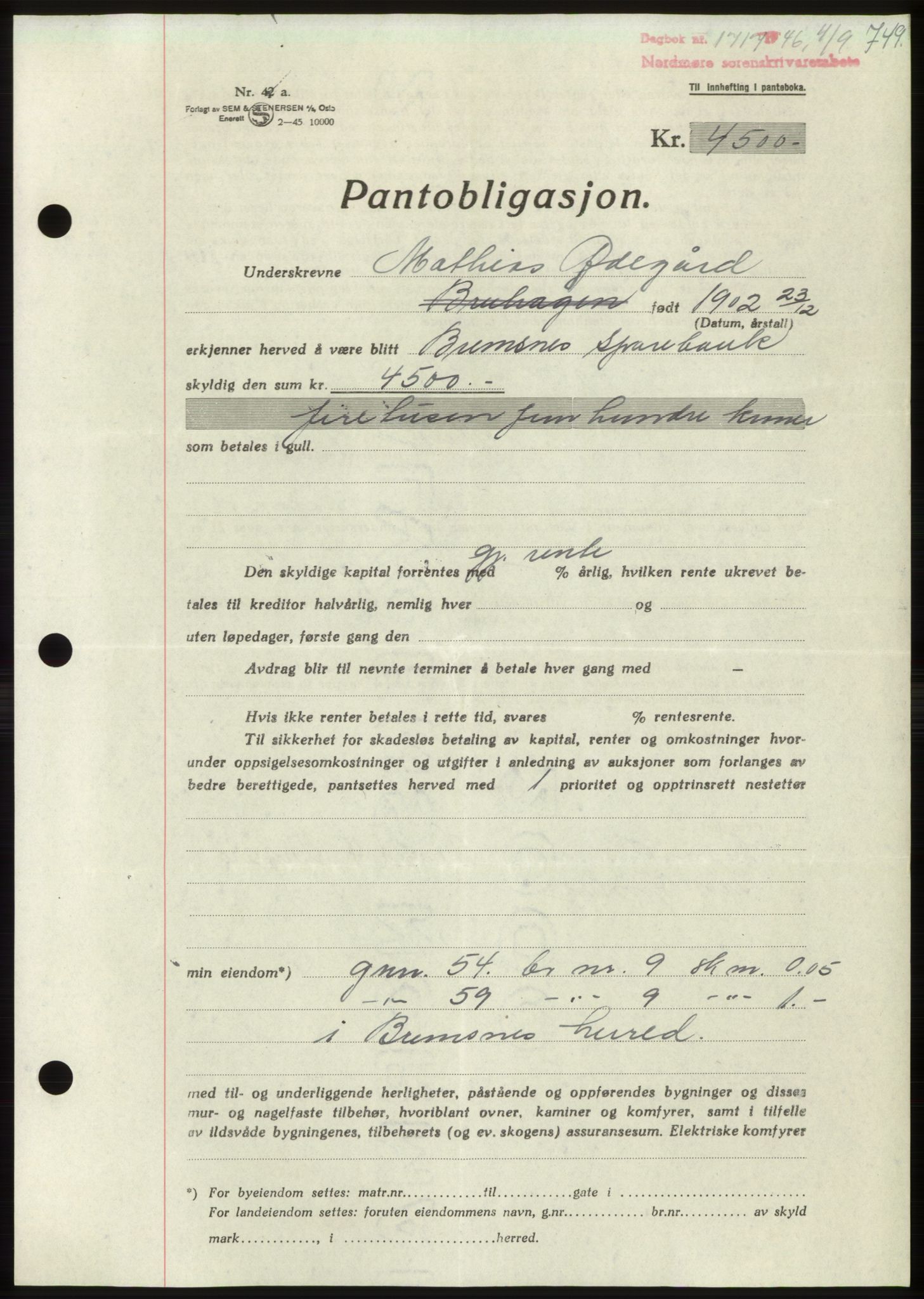 Nordmøre sorenskriveri, AV/SAT-A-4132/1/2/2Ca: Mortgage book no. B94, 1946-1946, Diary no: : 1717/1946