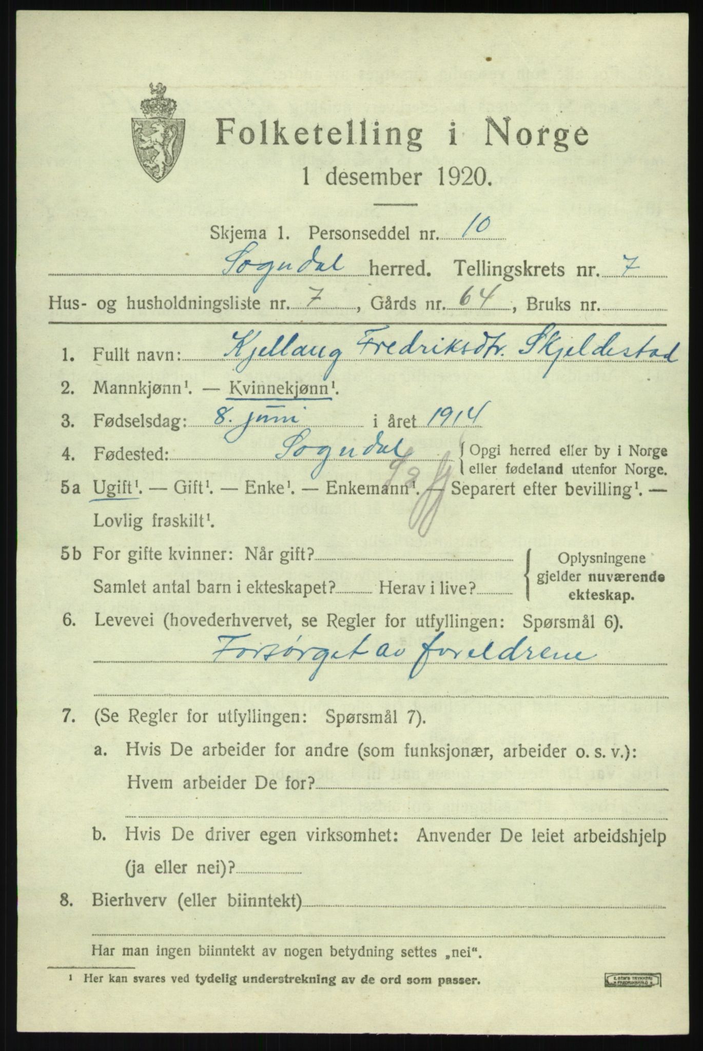 SAB, 1920 census for Sogndal, 1920, p. 3485