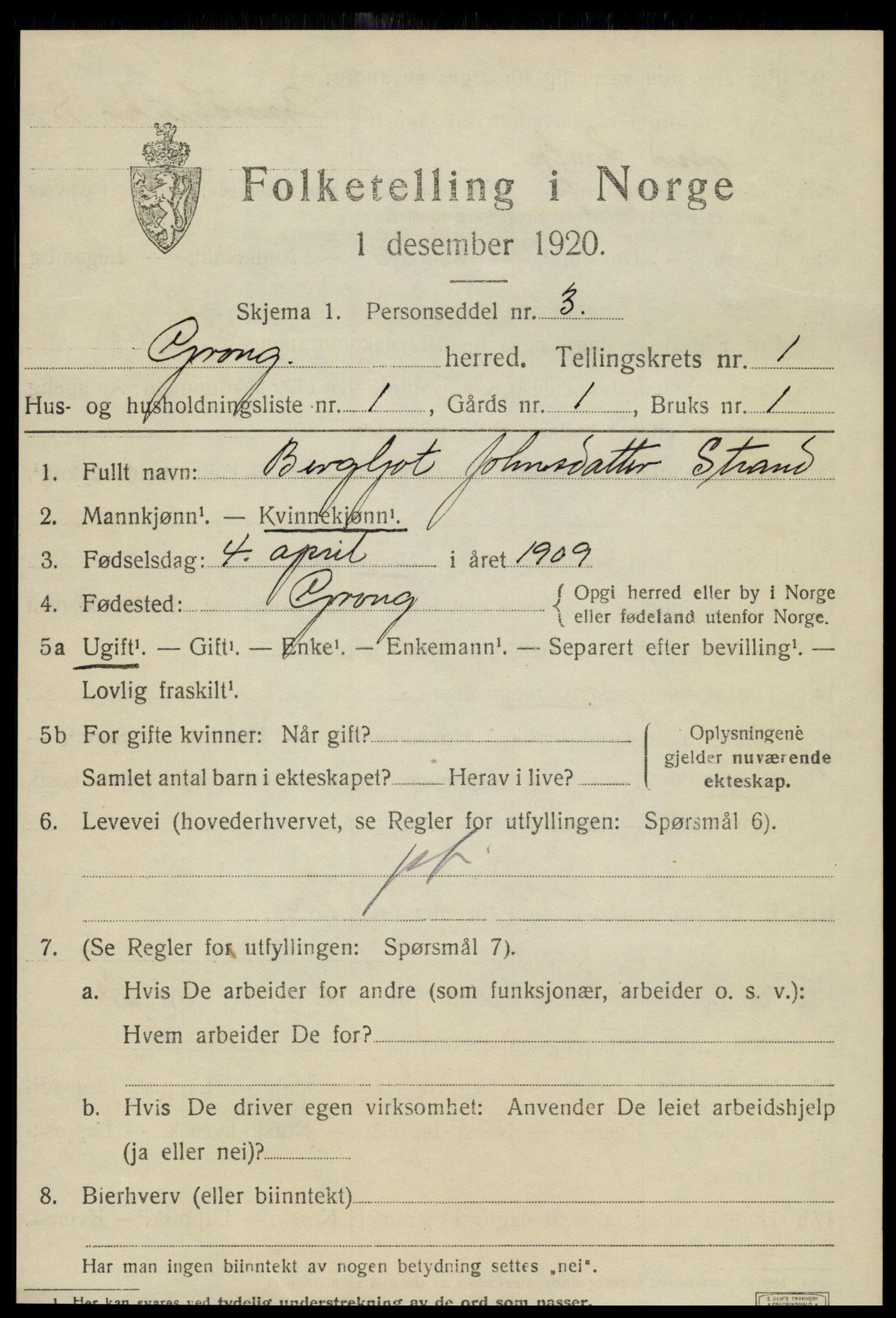 SAT, 1920 census for Grong, 1920, p. 1035