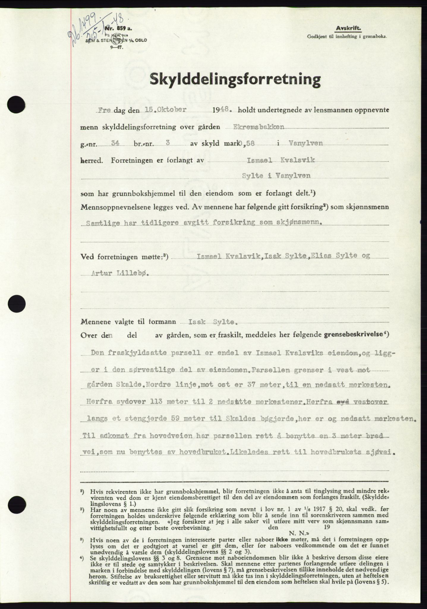 Søre Sunnmøre sorenskriveri, AV/SAT-A-4122/1/2/2C/L0083: Mortgage book no. 9A, 1948-1949, Diary no: : 1499/1948