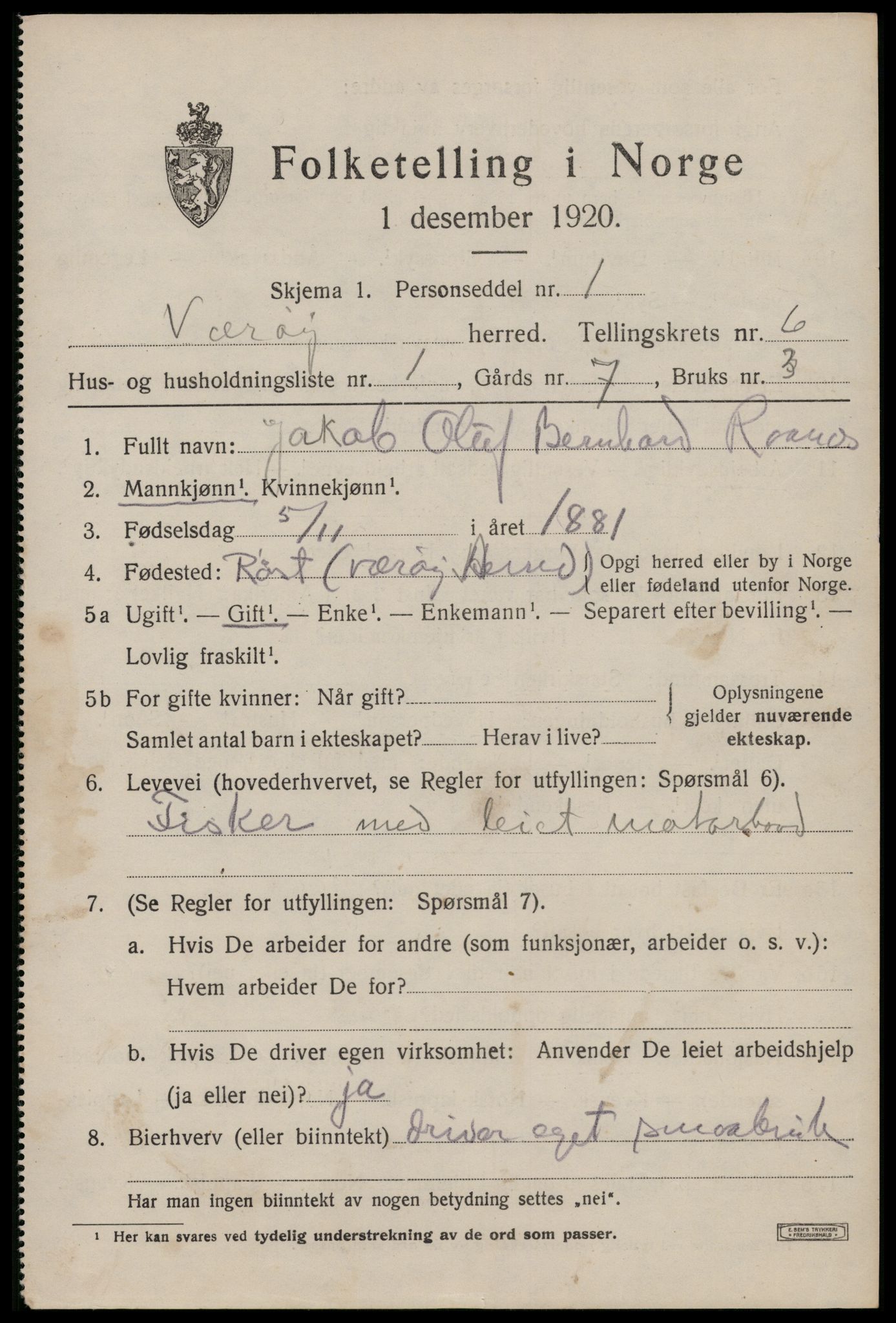 SAT, 1920 census for Værøy, 1920, p. 3645