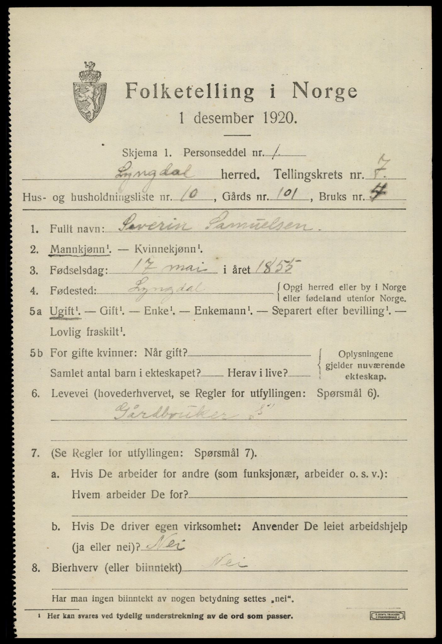 SAK, 1920 census for Lyngdal, 1920, p. 3963