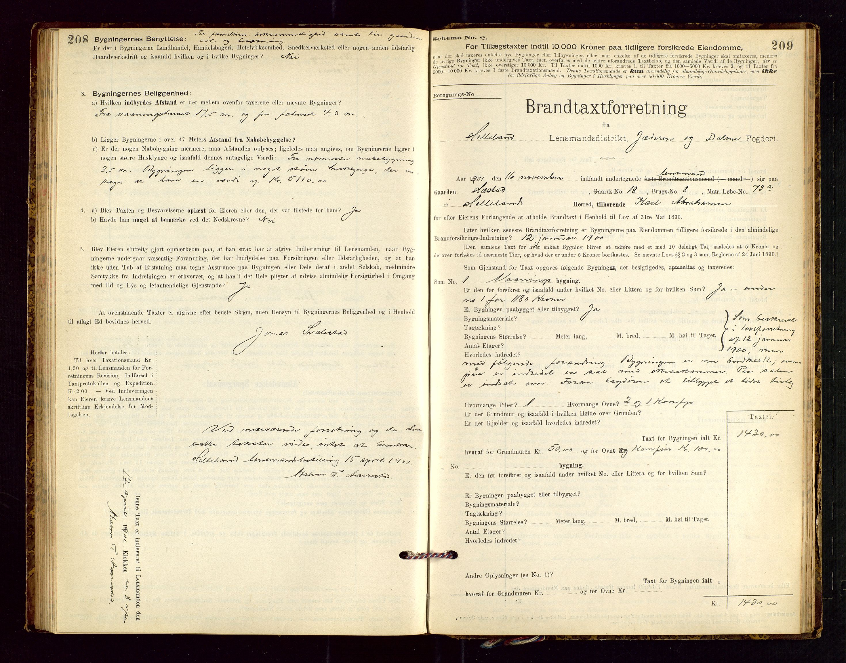 Helleland lensmannskontor, AV/SAST-A-100209/Gob/L0001: "Brandtaxationsprotokol", 1896-1919, p. 208-209