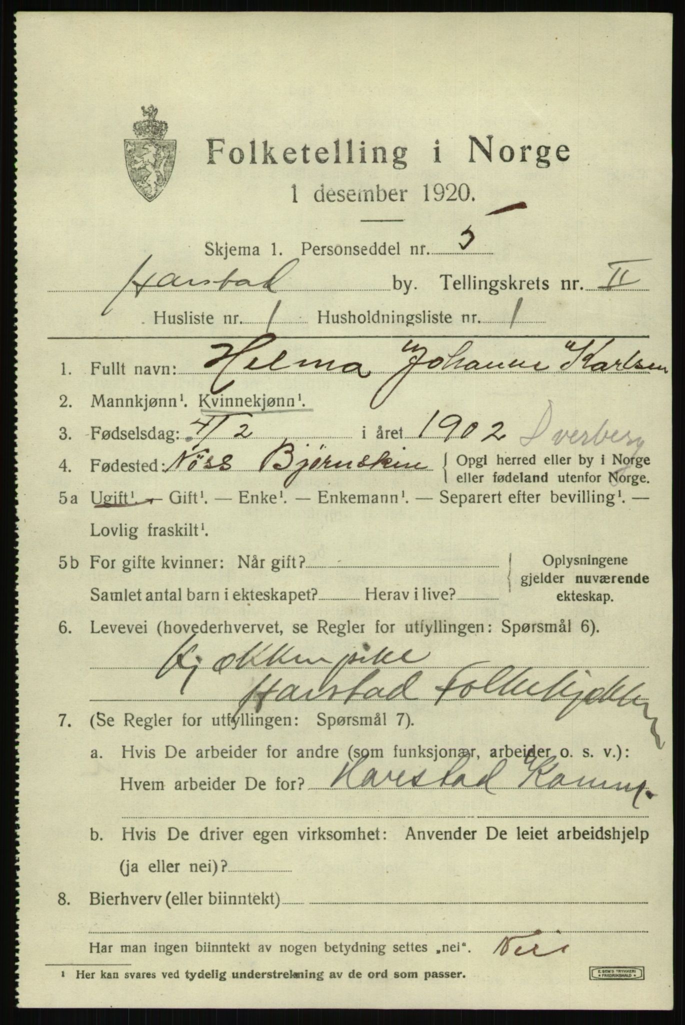 SATØ, 1920 census for Harstad, 1920, p. 2950