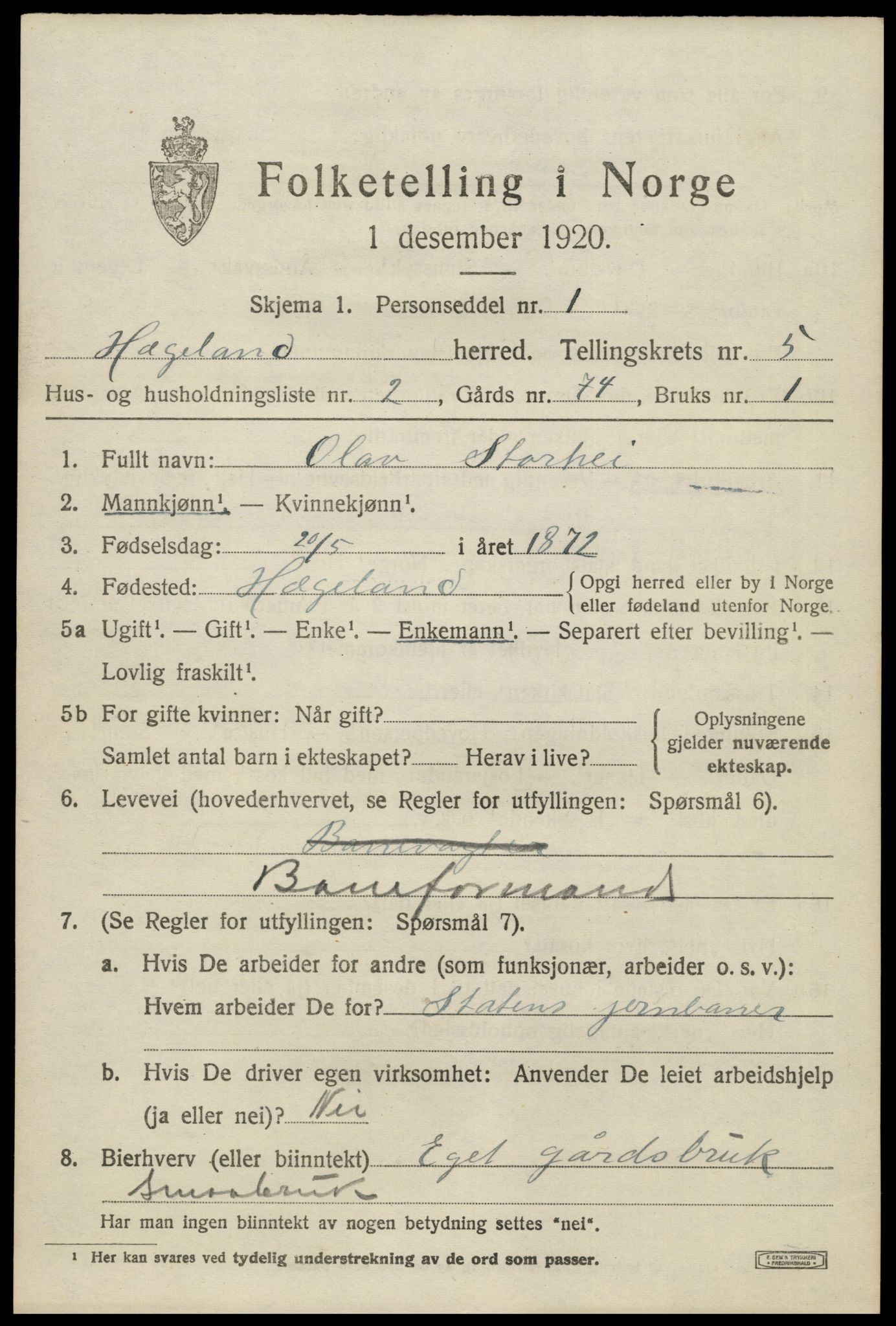 SAK, 1920 census for Hægeland, 1920, p. 1983