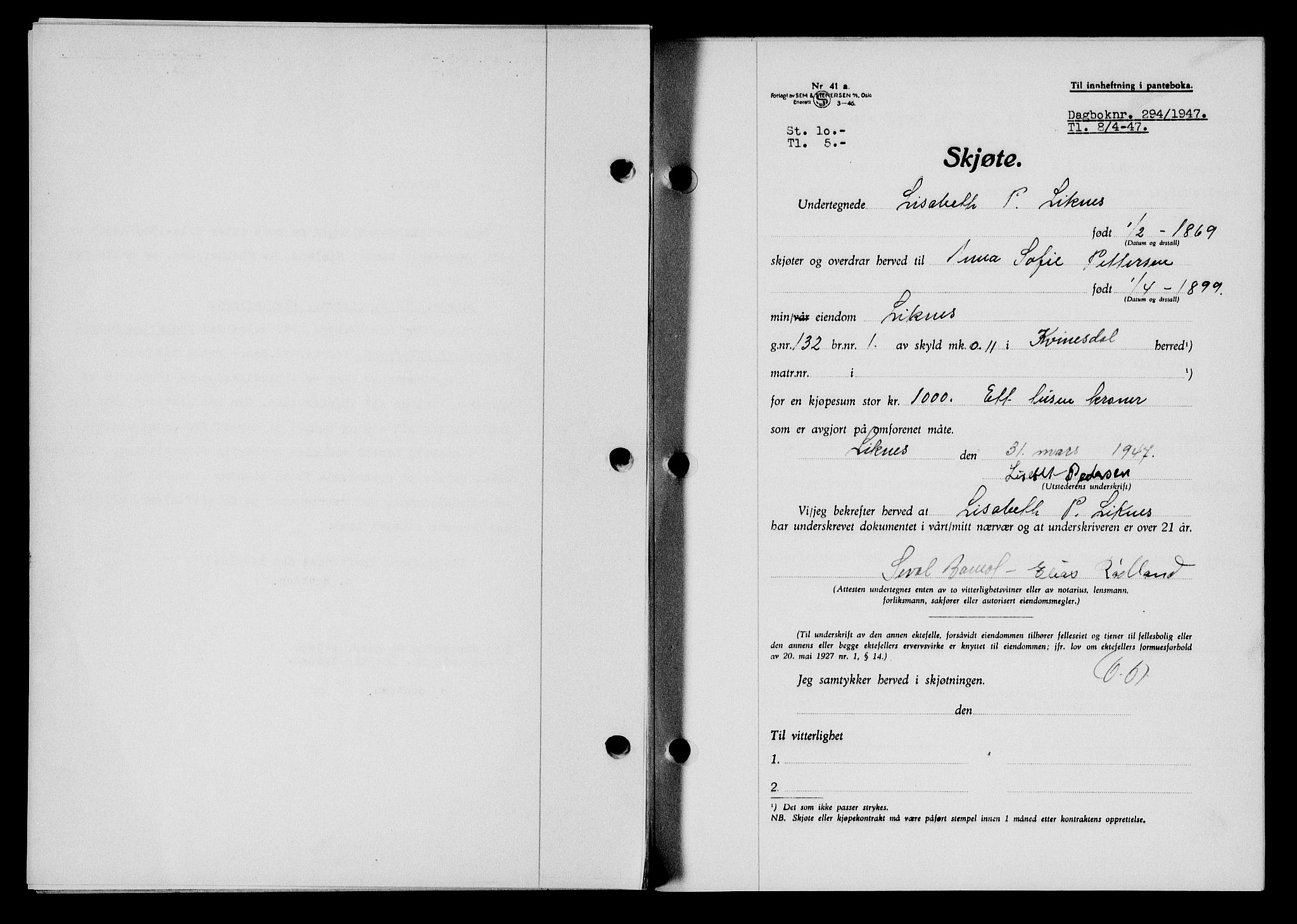 Flekkefjord sorenskriveri, SAK/1221-0001/G/Gb/Gba/L0061: Mortgage book no. A-9, 1946-1947, Diary no: : 294/1947