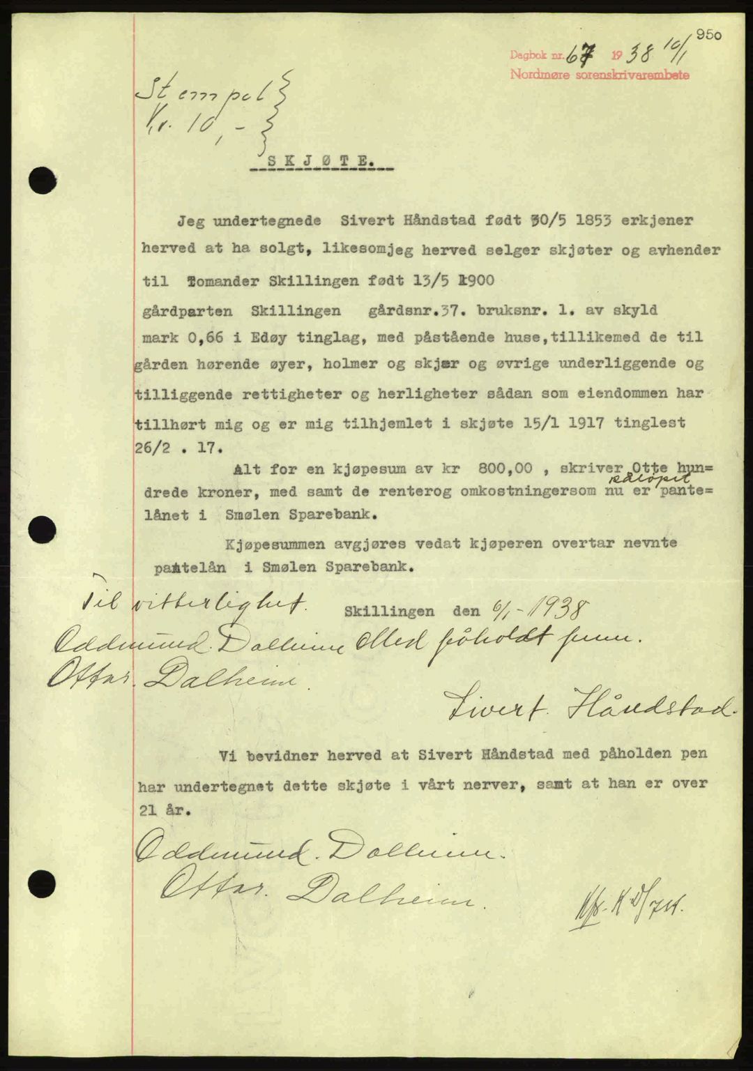 Nordmøre sorenskriveri, SAT/A-4132/1/2/2Ca: Mortgage book no. A82, 1937-1938, Diary no: : 67/1938