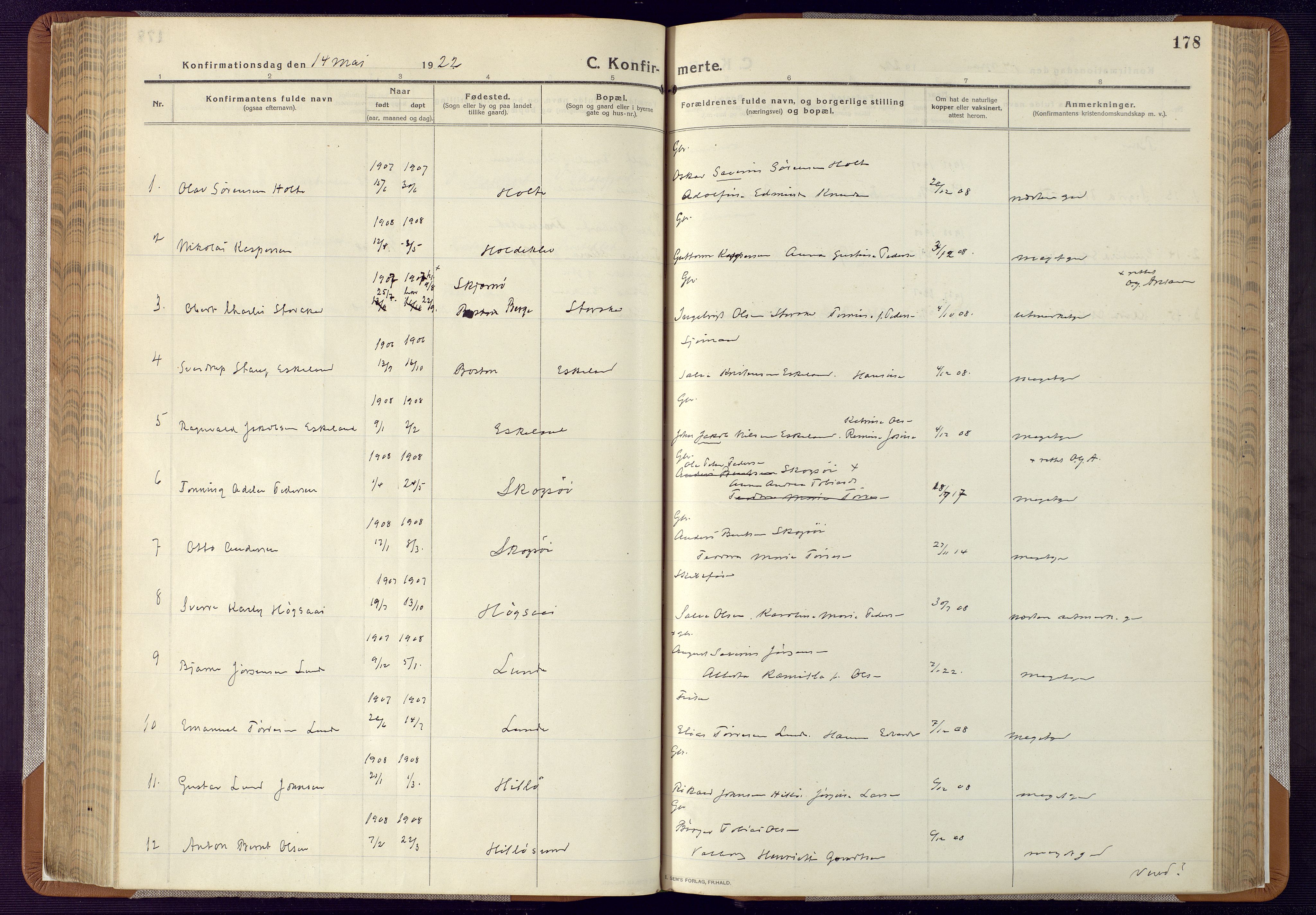 Mandal sokneprestkontor, SAK/1111-0030/F/Fa/Faa/L0022: Parish register (official) no. A 22, 1913-1925, p. 178