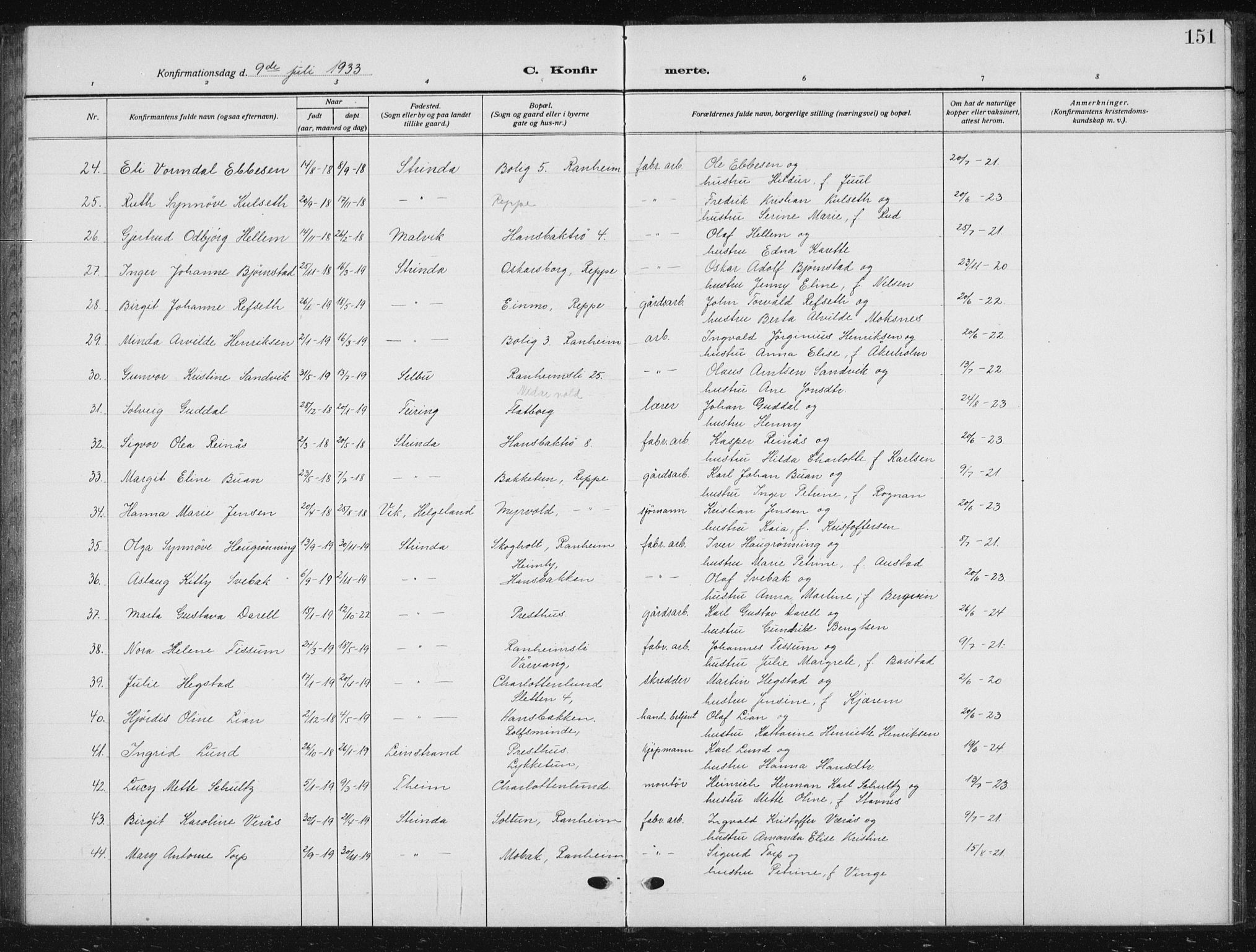 Ministerialprotokoller, klokkerbøker og fødselsregistre - Sør-Trøndelag, SAT/A-1456/615/L0401: Parish register (copy) no. 615C02, 1922-1941, p. 151