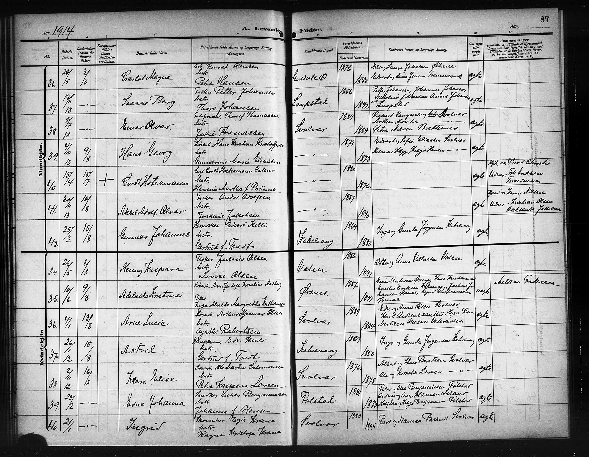 Ministerialprotokoller, klokkerbøker og fødselsregistre - Nordland, AV/SAT-A-1459/874/L1079: Parish register (copy) no. 874C08, 1907-1915, p. 87