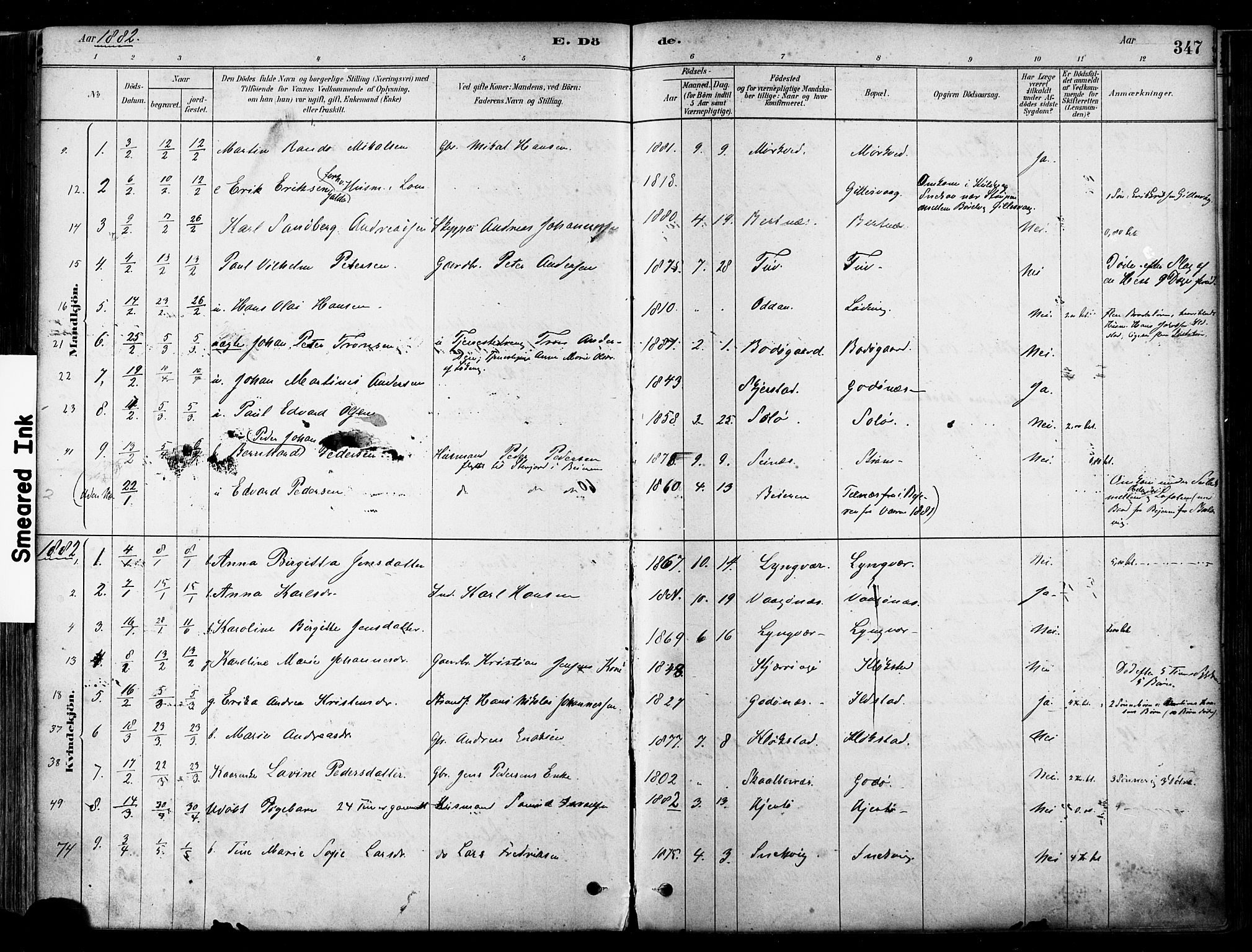 Ministerialprotokoller, klokkerbøker og fødselsregistre - Nordland, SAT/A-1459/802/L0054: Parish register (official) no. 802A01, 1879-1893, p. 347