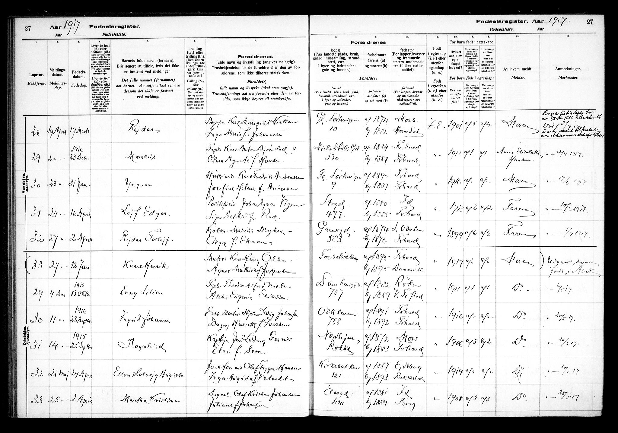 Halden prestekontor Kirkebøker, AV/SAO-A-10909/J/Ja/L0001: Birth register no. I 1, 1916-1925, p. 27