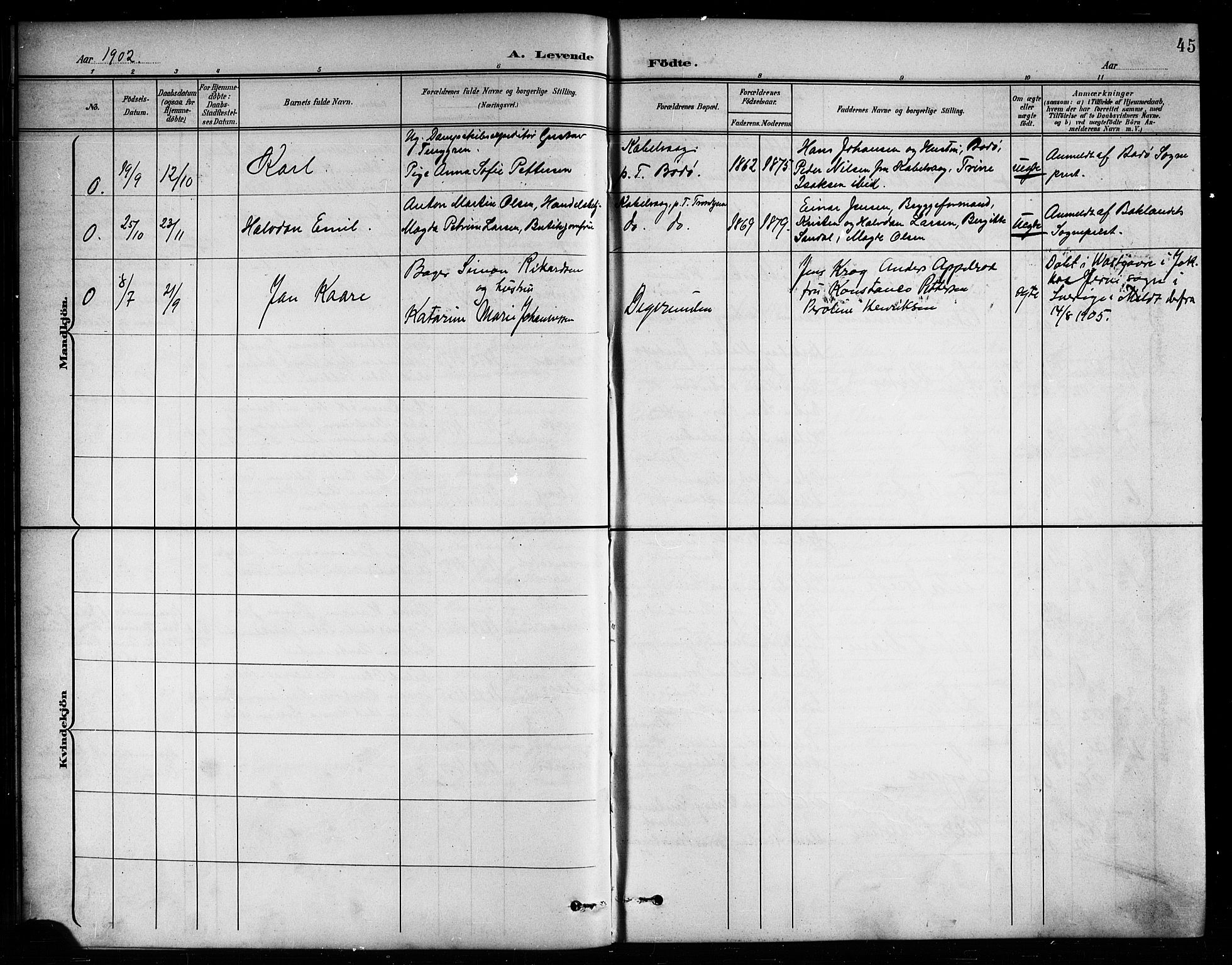 Ministerialprotokoller, klokkerbøker og fødselsregistre - Nordland, AV/SAT-A-1459/874/L1078: Parish register (copy) no. 874C07, 1900-1907, p. 45