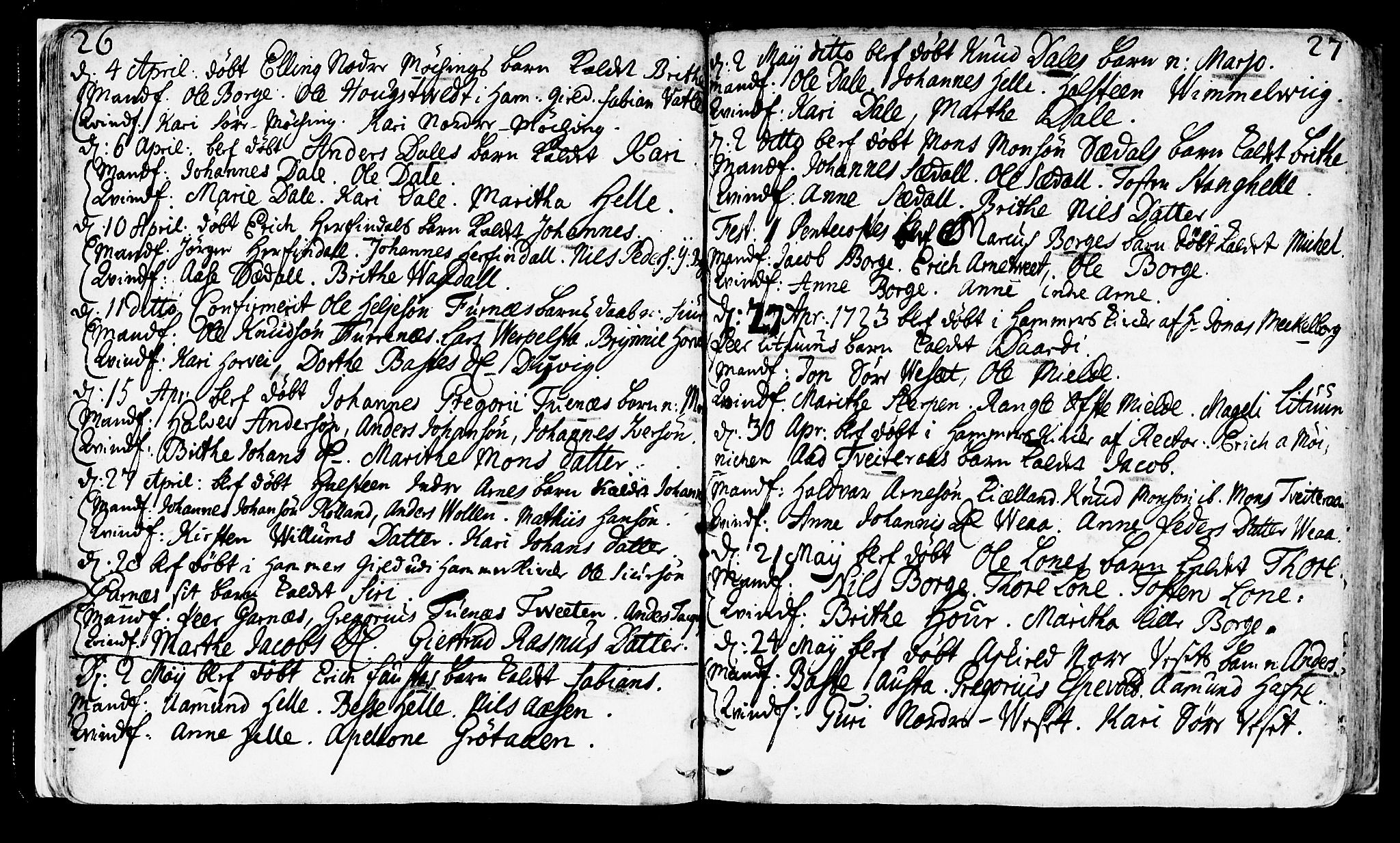 Haus sokneprestembete, SAB/A-75601/H/Haa: Parish register (official) no. A 4, 1723-1733, p. 26-27