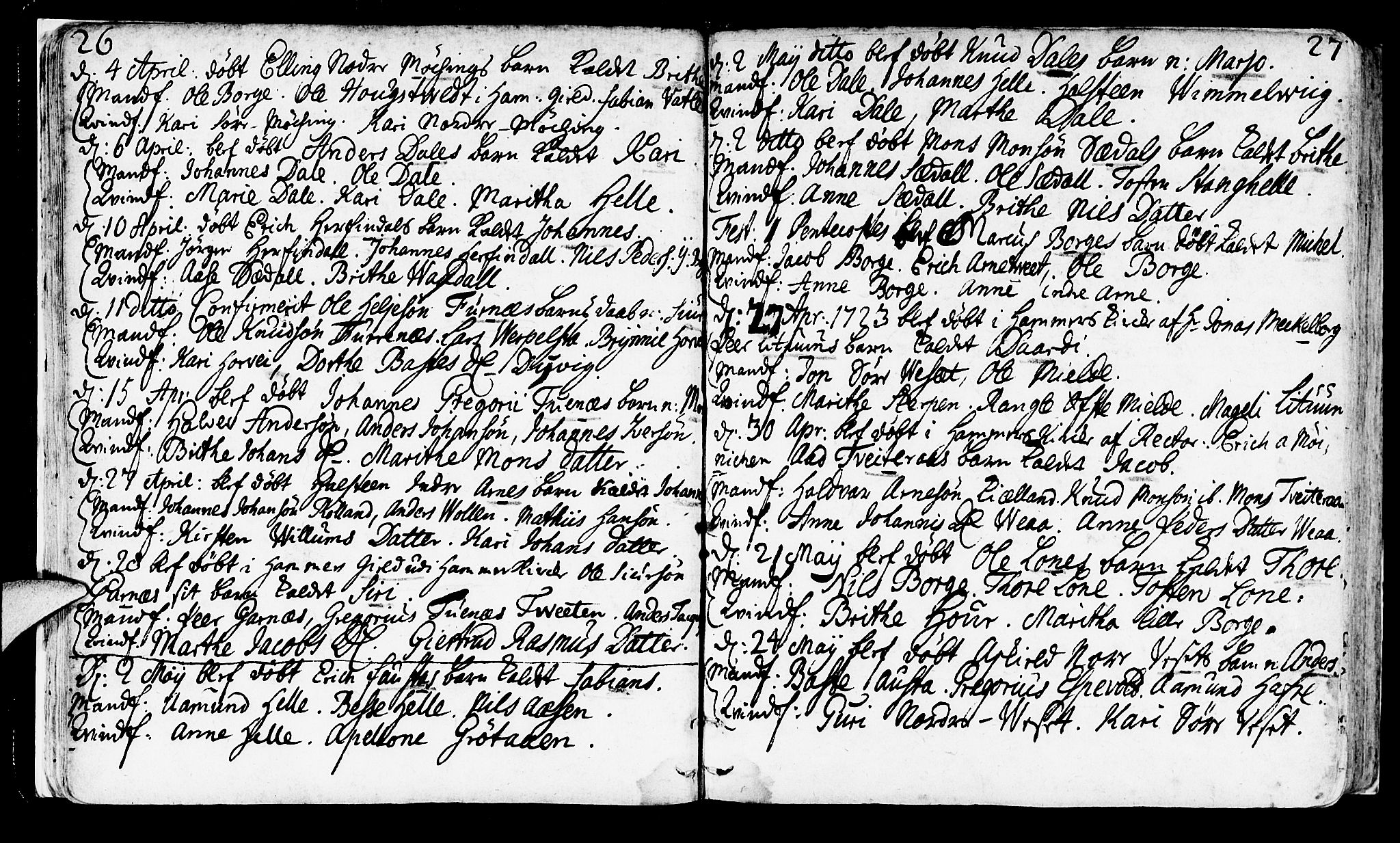 Haus sokneprestembete, AV/SAB-A-75601/H/Haa: Parish register (official) no. A 4, 1723-1733, p. 26-27