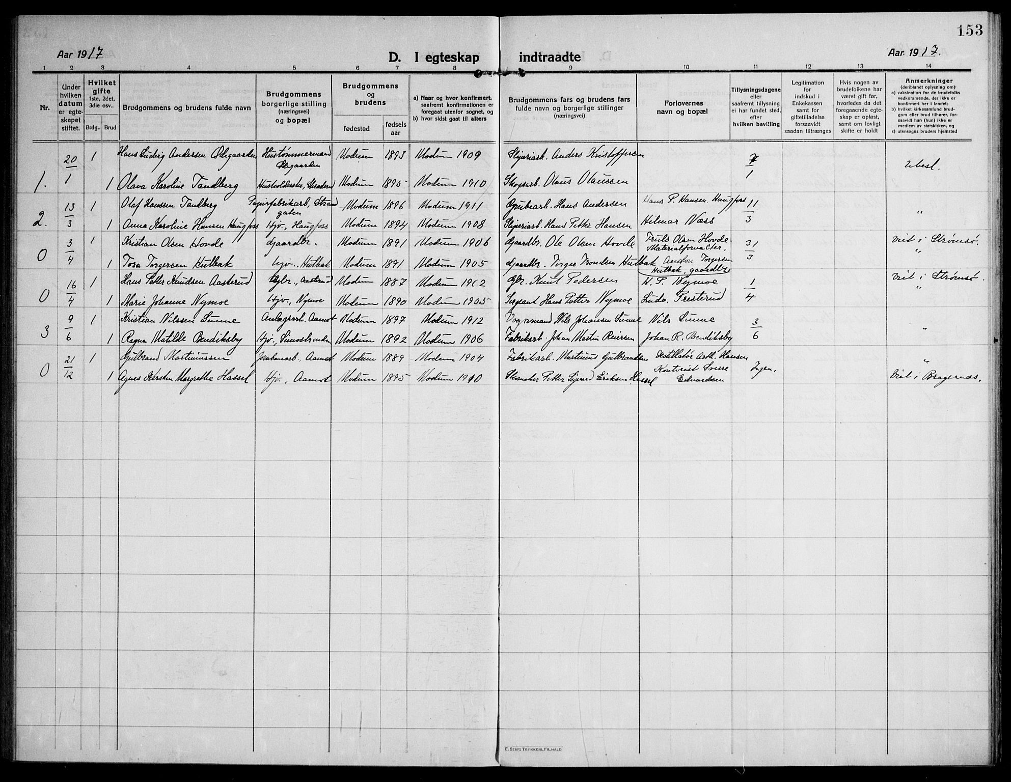 Modum kirkebøker, AV/SAKO-A-234/F/Fa/L0018: Parish register (official) no. 18, 1912-1924, p. 153