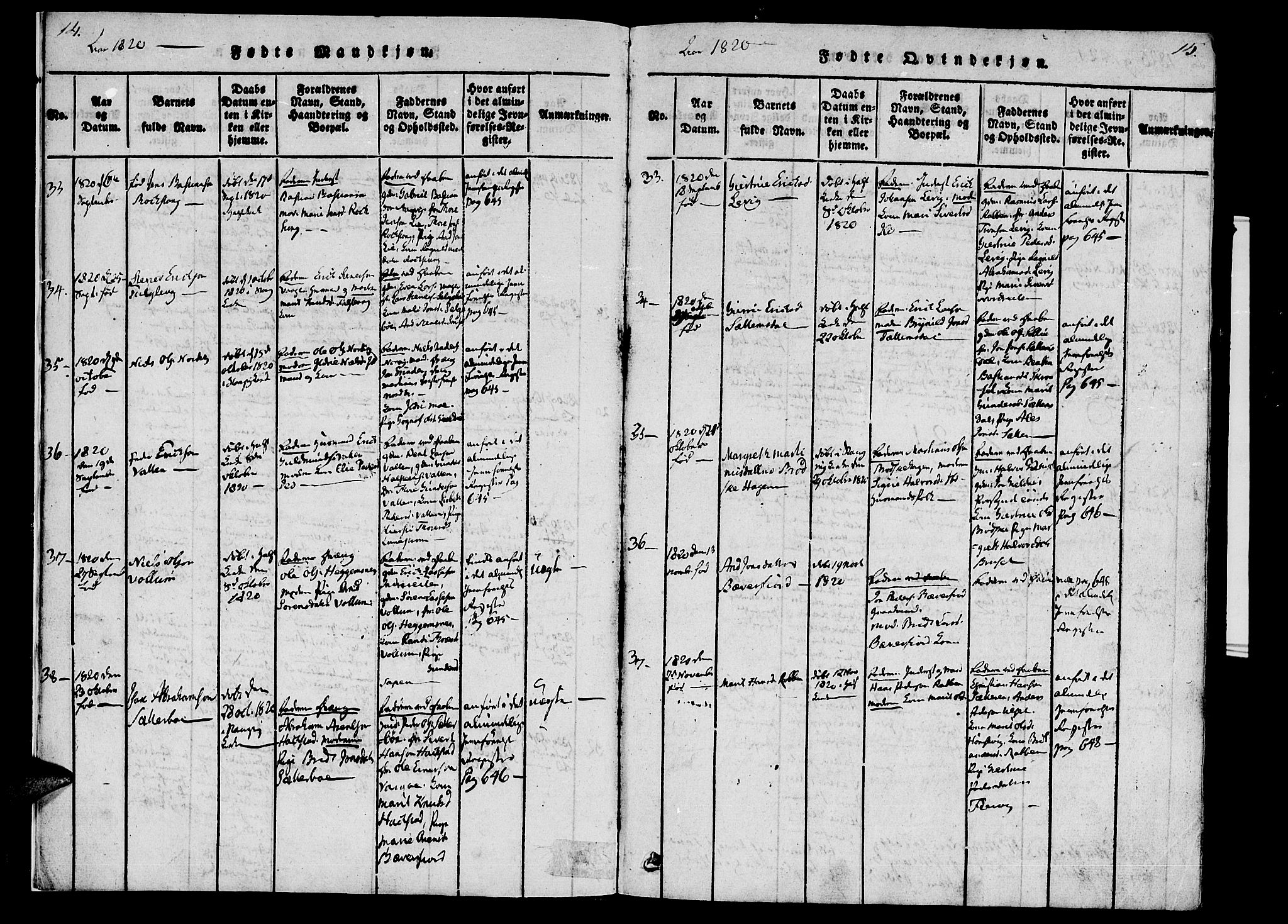 Ministerialprotokoller, klokkerbøker og fødselsregistre - Møre og Romsdal, SAT/A-1454/592/L1023: Parish register (official) no. 592A02, 1820-1830, p. 14-15