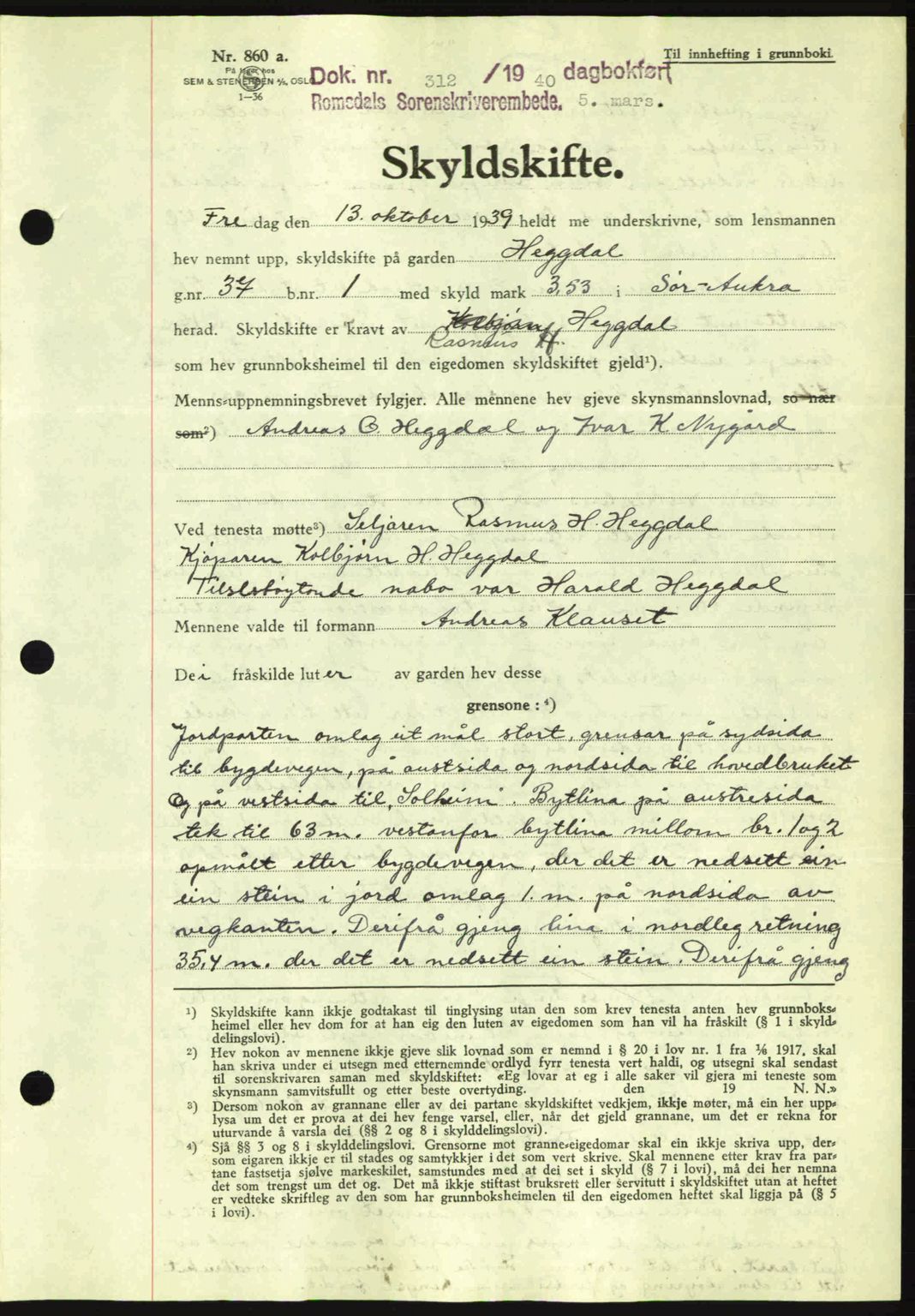 Romsdal sorenskriveri, AV/SAT-A-4149/1/2/2C: Mortgage book no. A8, 1939-1940, Diary no: : 312/1940