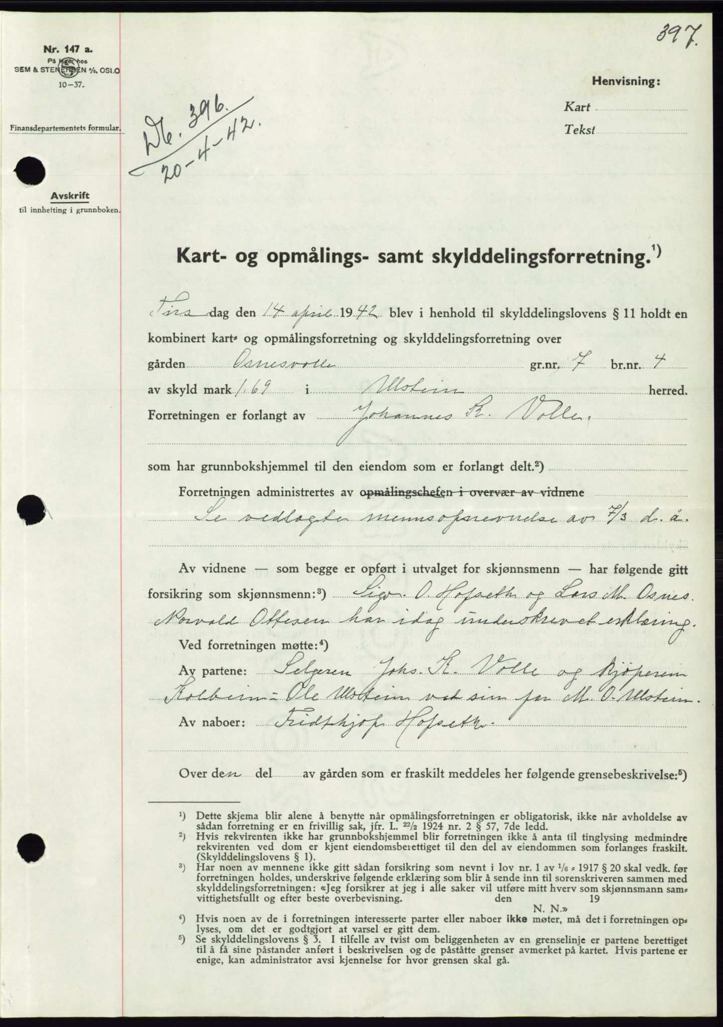 Søre Sunnmøre sorenskriveri, AV/SAT-A-4122/1/2/2C/L0073: Mortgage book no. 67, 1941-1942, Diary no: : 396/1942