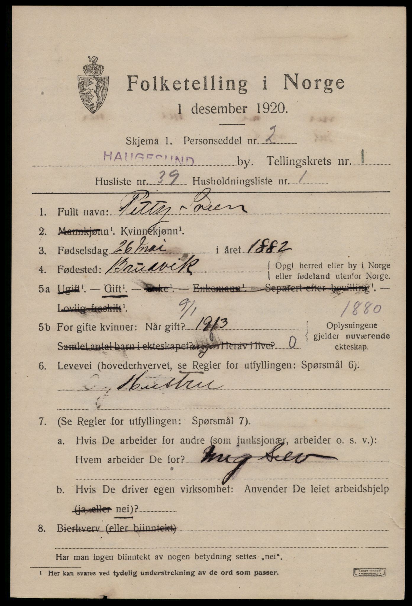 SAST, 1920 census for Haugesund, 1920, p. 12135