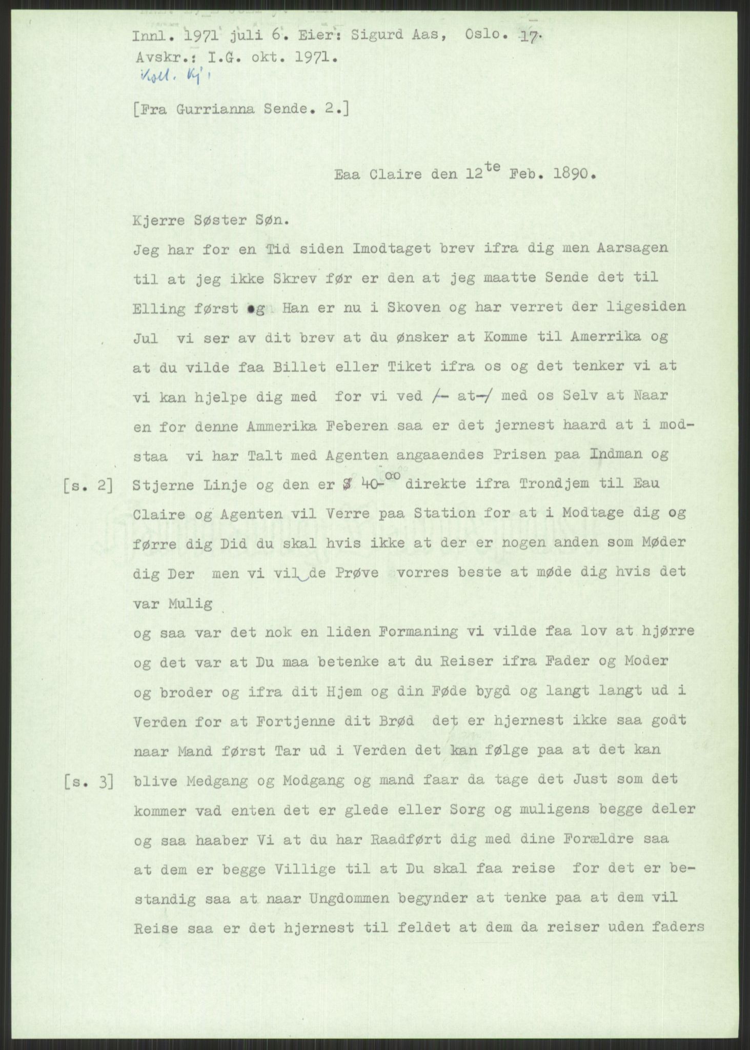 Samlinger til kildeutgivelse, Amerikabrevene, AV/RA-EA-4057/F/L0034: Innlån fra Nord-Trøndelag, 1838-1914, p. 337