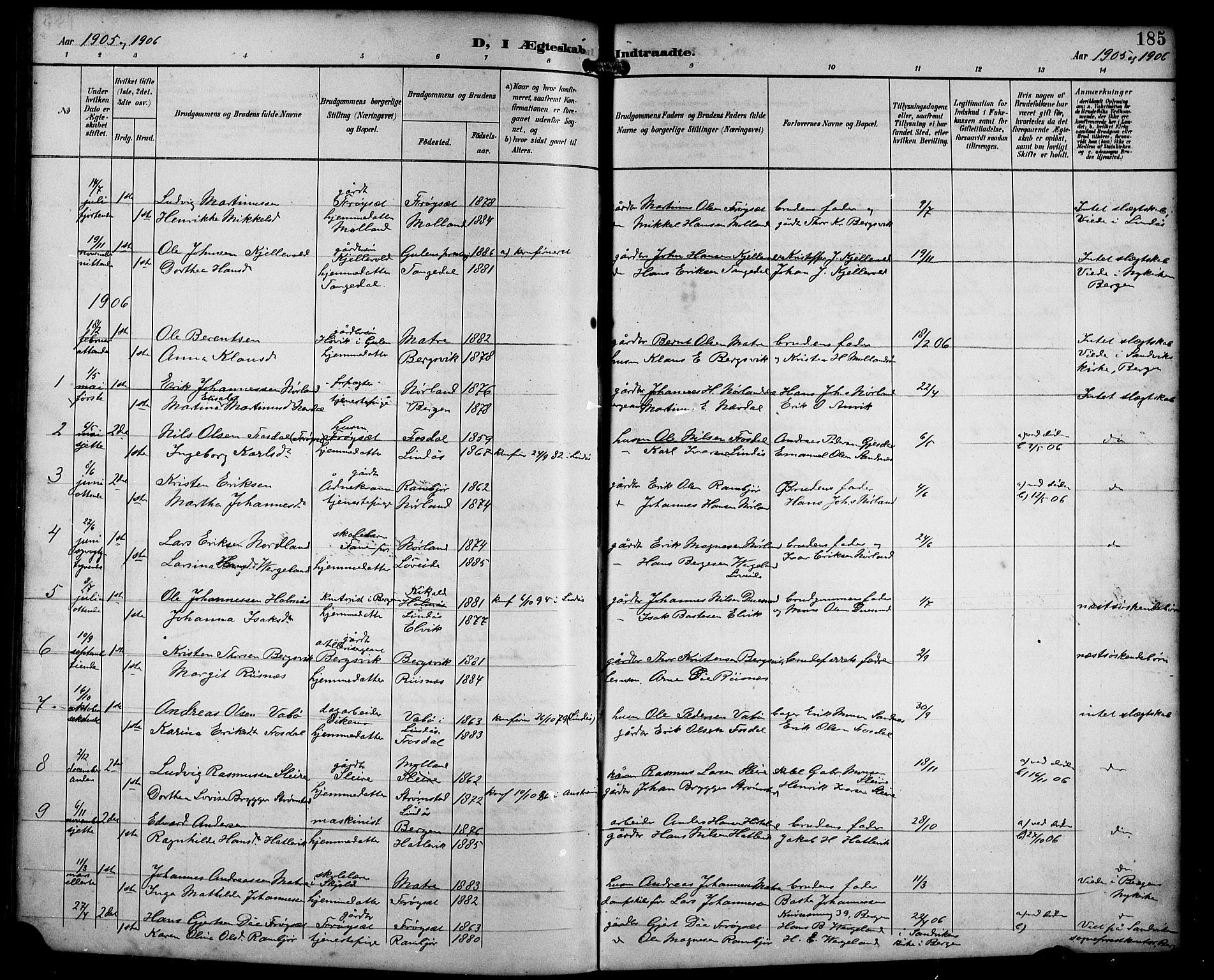 Masfjorden Sokneprestembete, SAB/A-77001: Parish register (copy) no. B 1, 1892-1913, p. 185