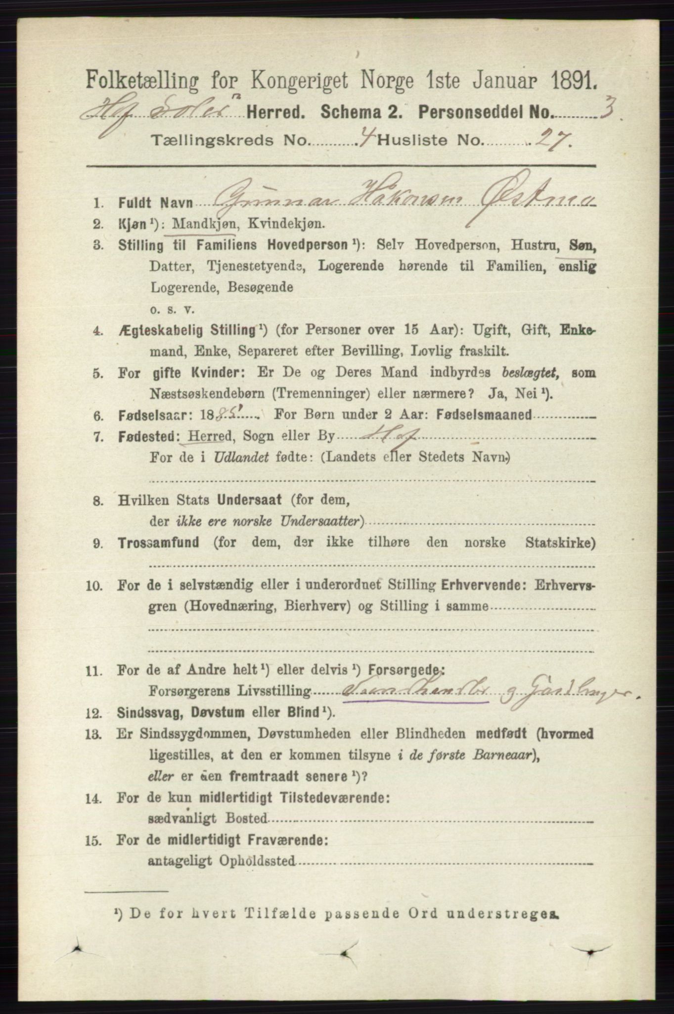 RA, 1891 census for 0424 Hof, 1891, p. 1612