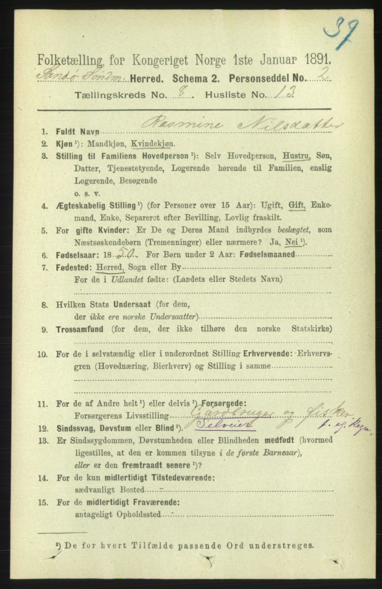 RA, 1891 census for 1514 Sande, 1891, p. 1433