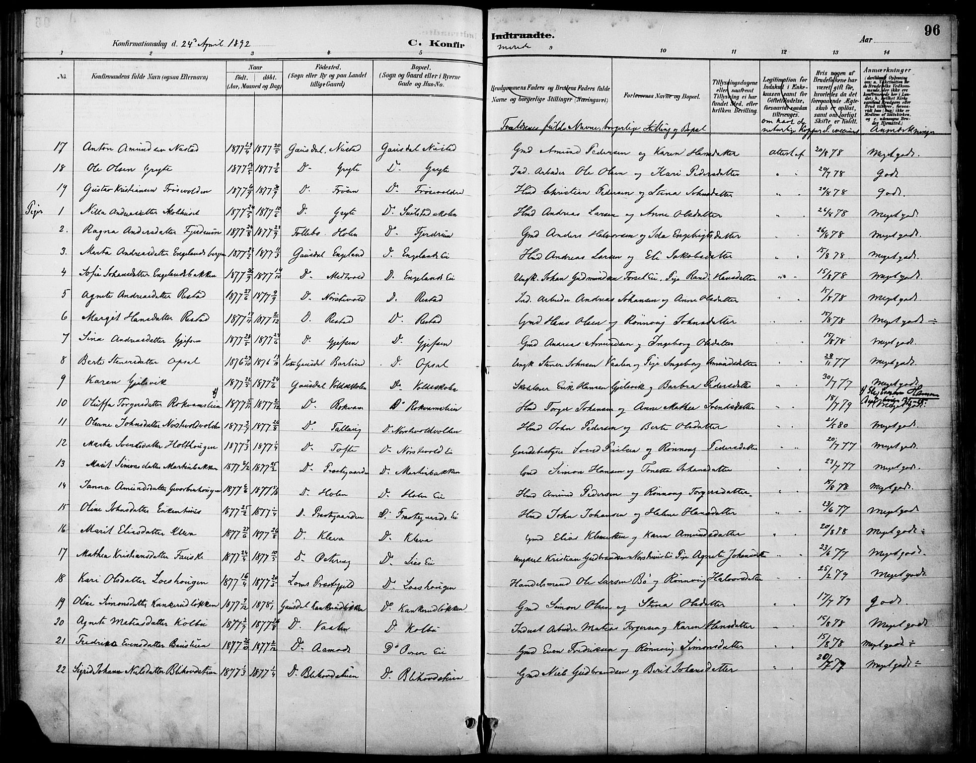 Østre Gausdal prestekontor, AV/SAH-PREST-092/H/Ha/Haa/L0002: Parish register (official) no. 2, 1887-1897, p. 96