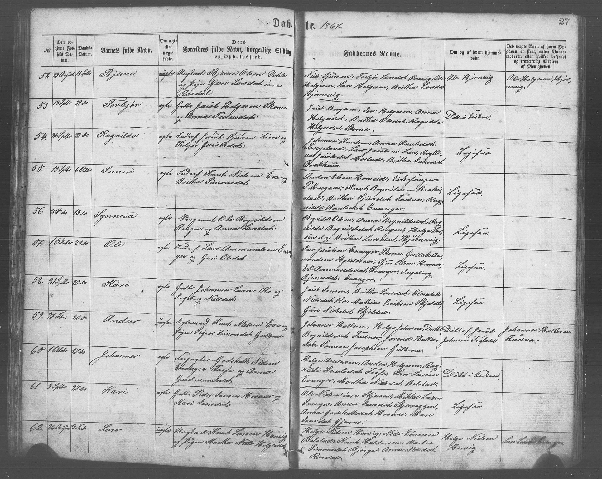 Evanger sokneprestembete, SAB/A-99924: Parish register (copy) no. A 2, 1863-1879, p. 27