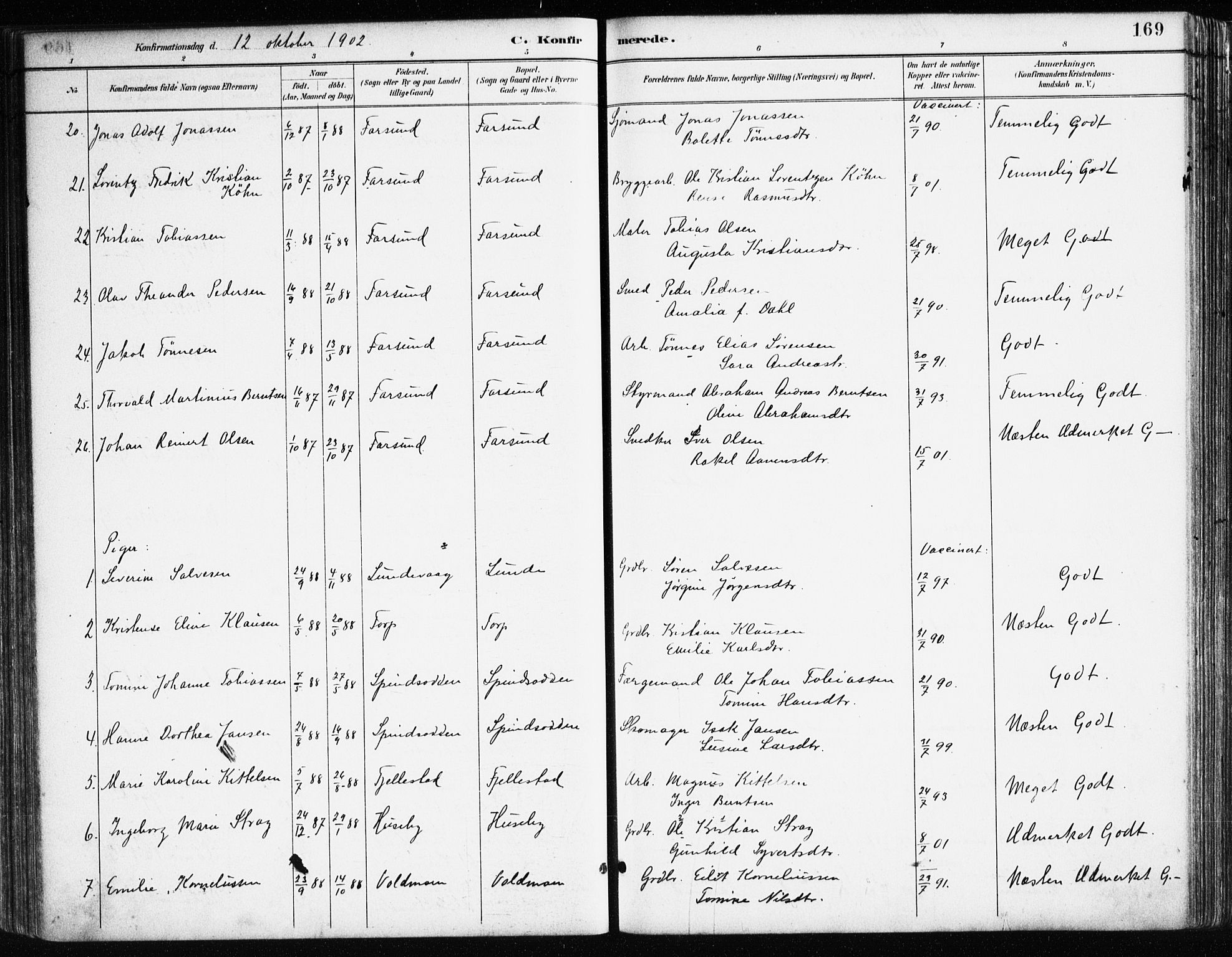 Farsund sokneprestkontor, AV/SAK-1111-0009/F/Fa/L0006: Parish register (official) no. A 6, 1887-1920, p. 169