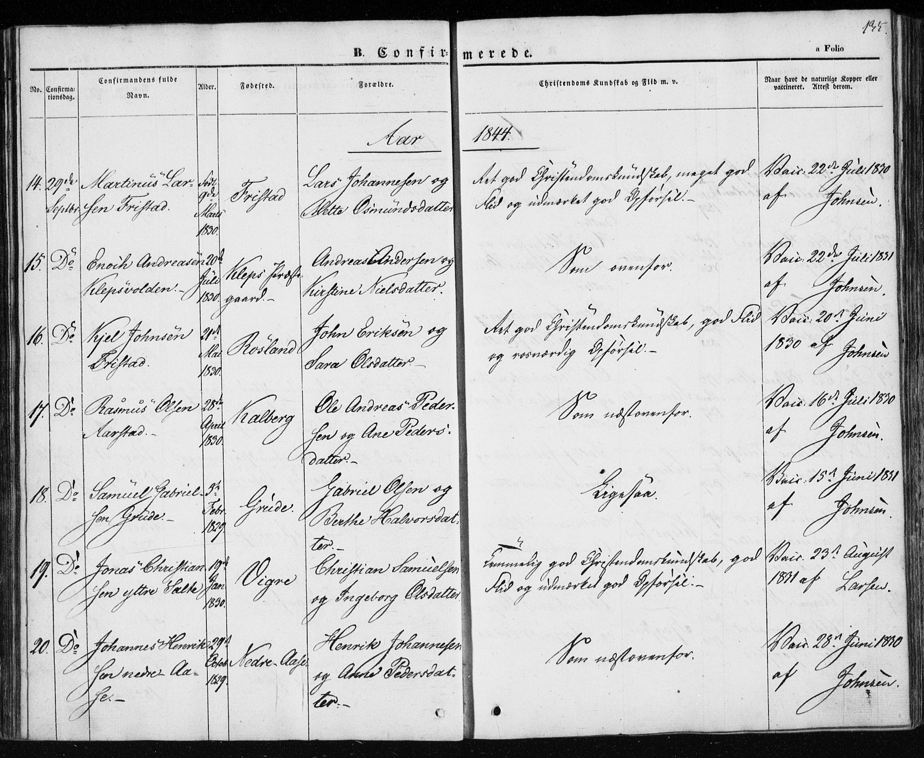 Klepp sokneprestkontor, SAST/A-101803/001/3/30BA/L0004: Parish register (official) no. A 4, 1842-1852, p. 135