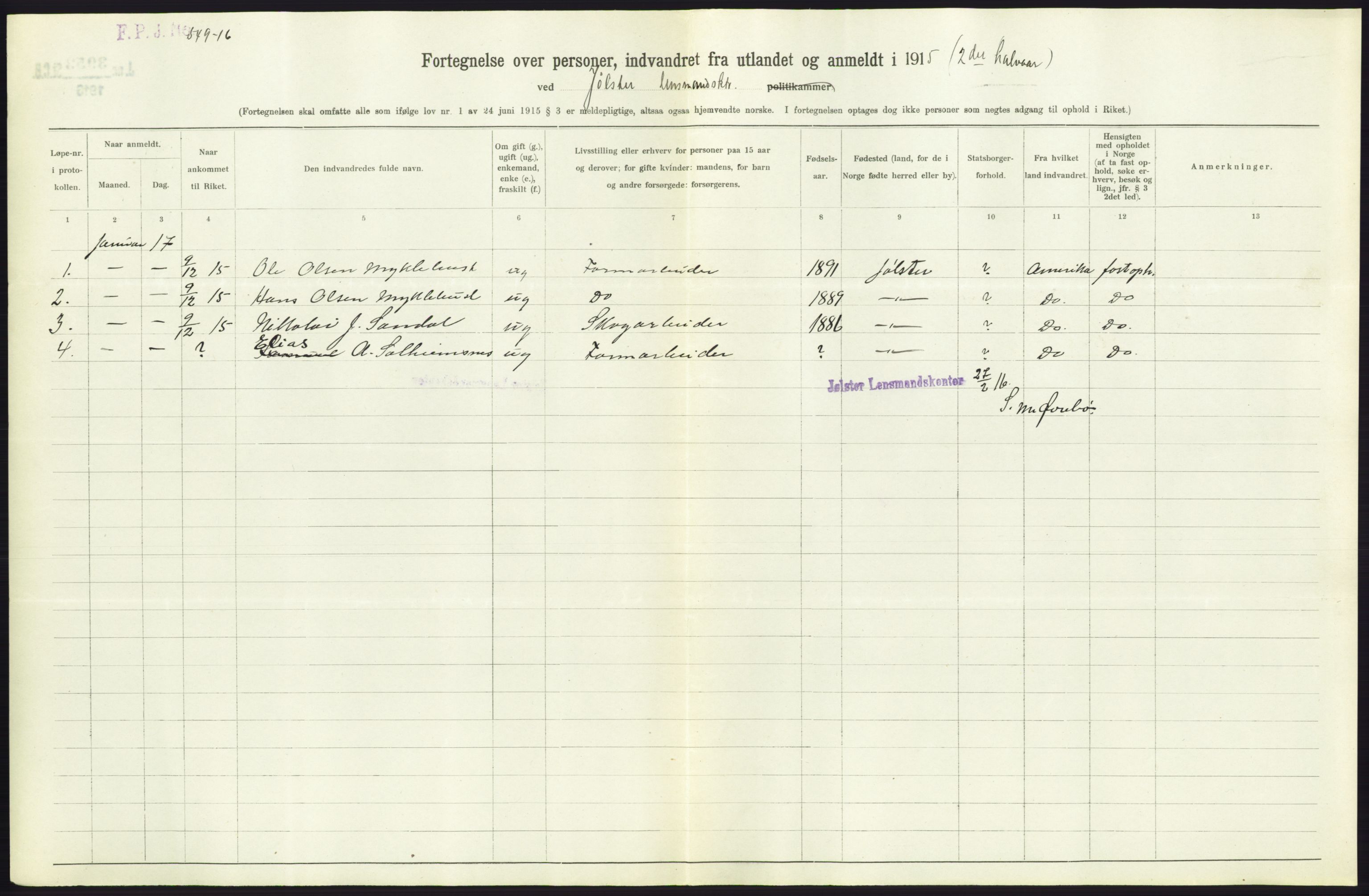 Statistisk sentralbyrå, Sosioøkonomiske emner, Folketellinger, boliger og boforhold, AV/RA-S-2231/F/Fa/L0001: Innvandring. Navn/fylkesvis, 1915, p. 458